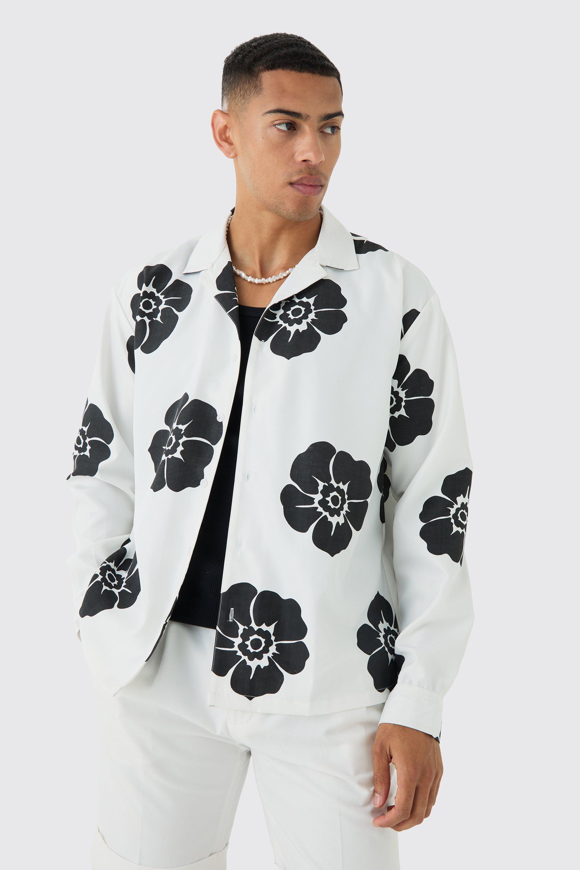 Mens White Oversized Floral Print Soft Twill Long Sleeve Shirt, White