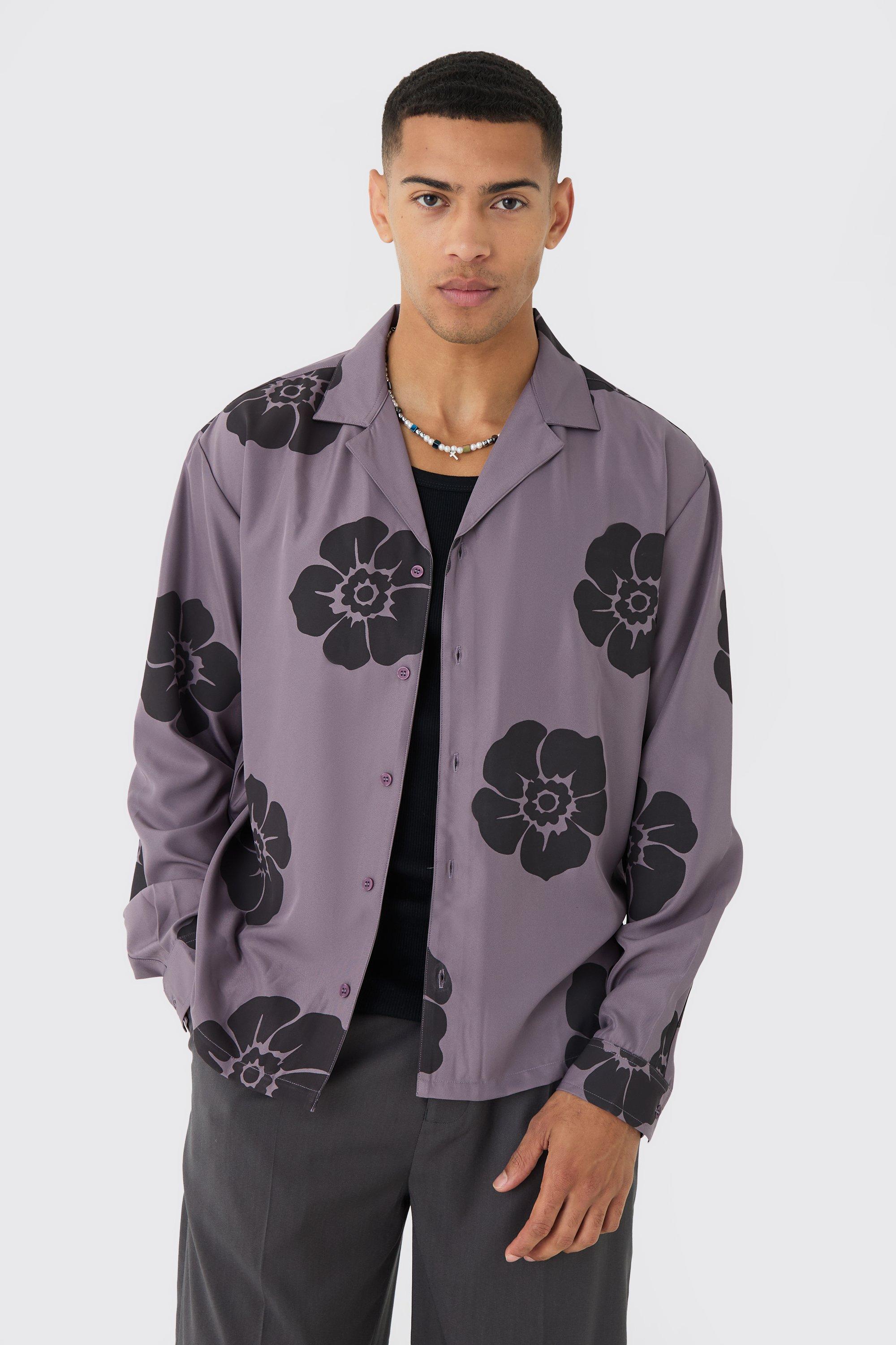 Mens Purple Oversized Floral Print Soft Twill Long Sleeve Shirt, Purple