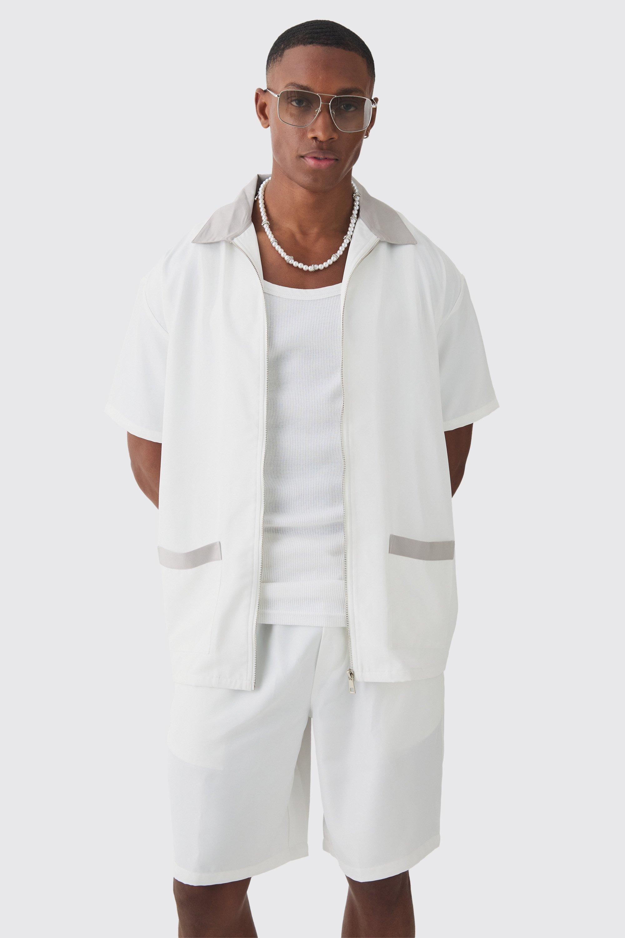 Mens White Oversized Soft Twill Contrast Pocket Shirt & Short Set, White