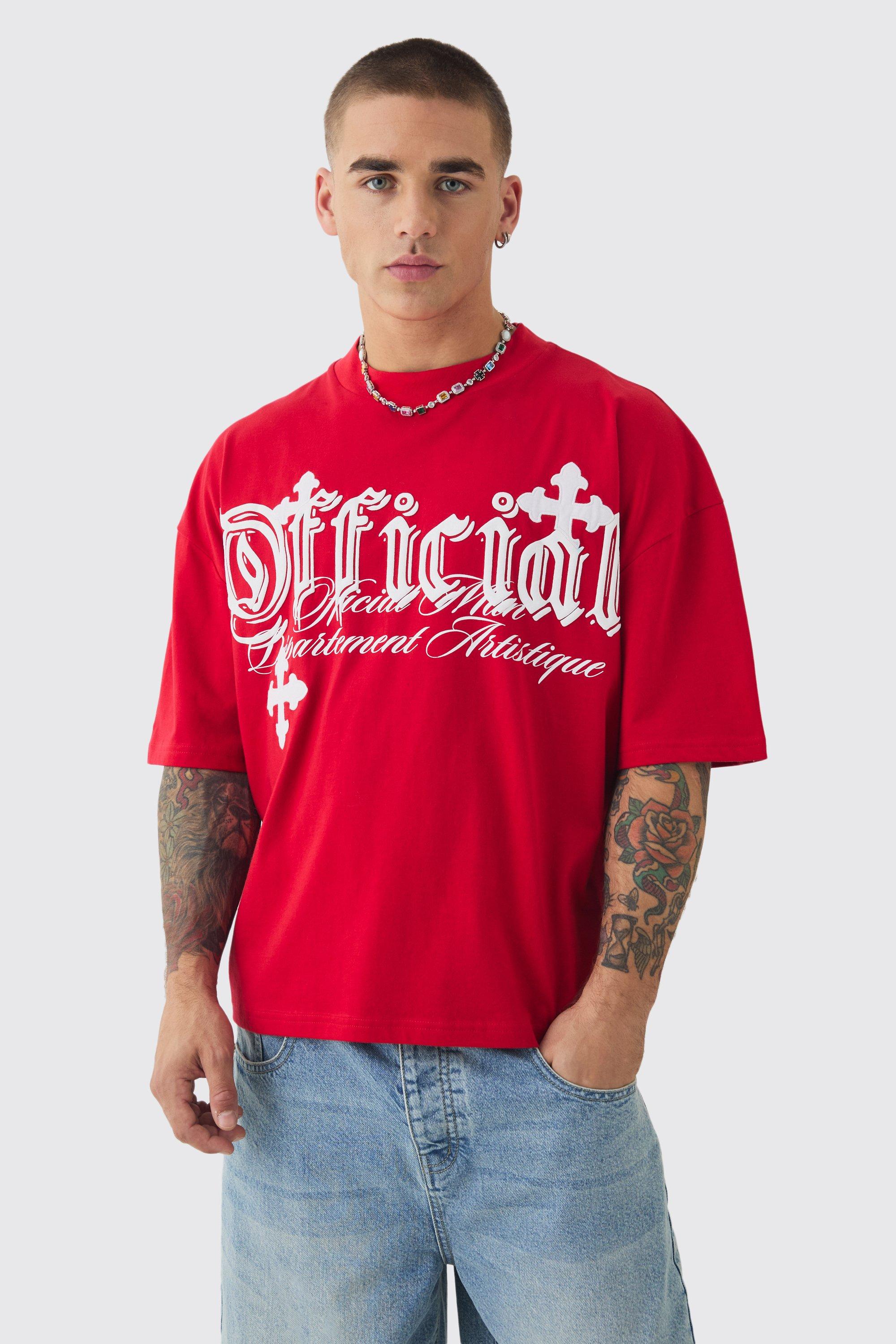 Image of T-shirt squadrata oversize effetto smagliato con applique a croce, Rosso