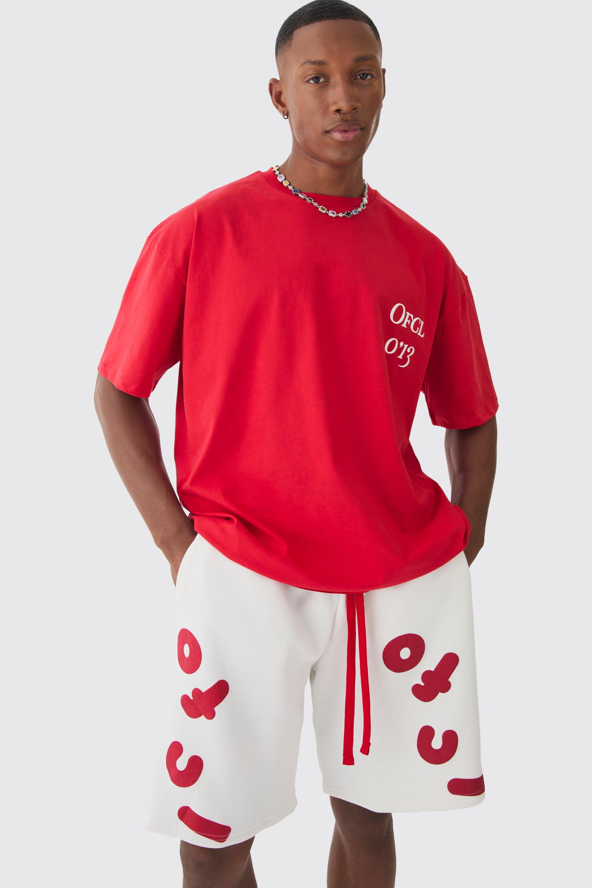 Mens Red Oversized OFCL Puff Print T-shirt And Short Set, Red