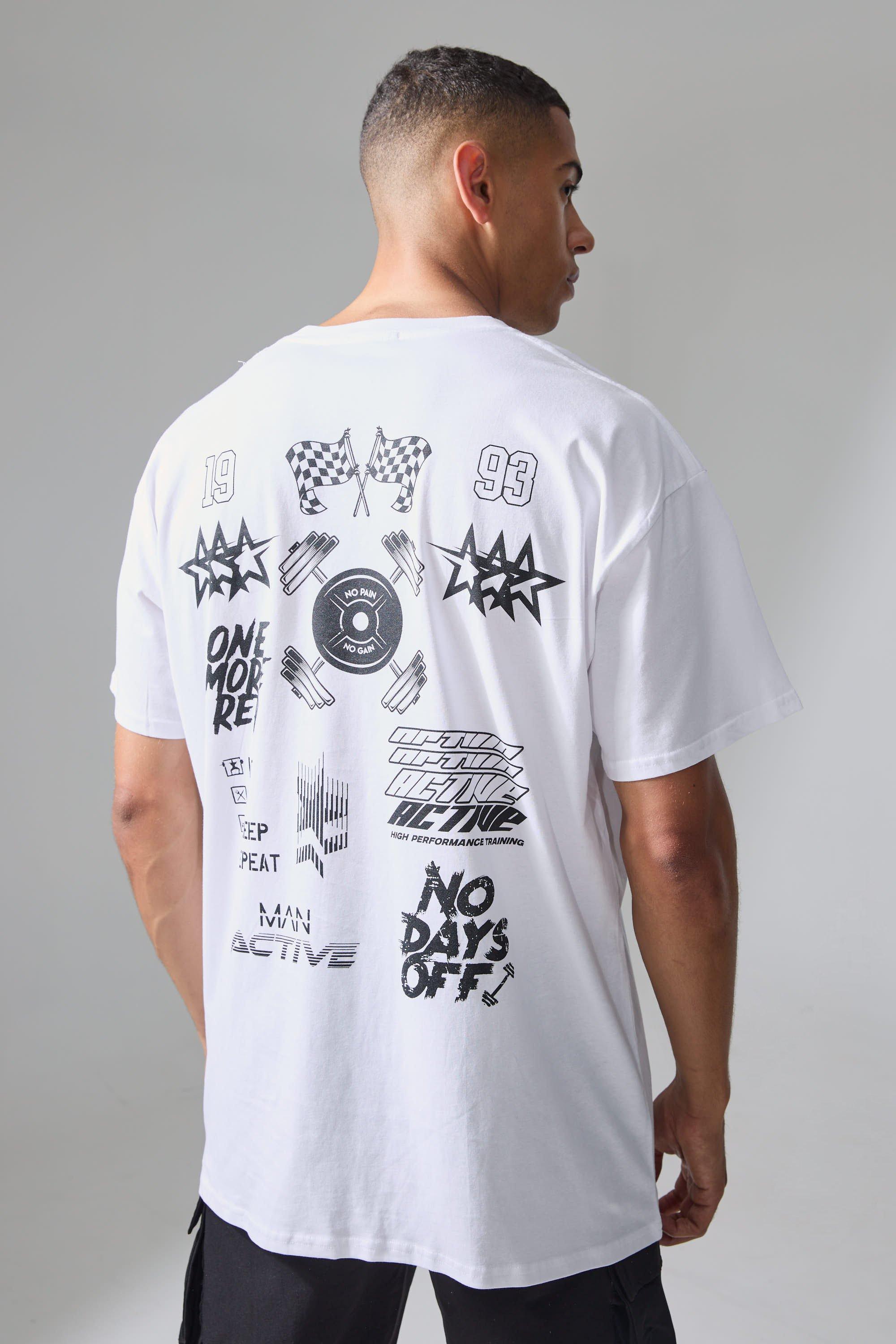 Image of Man Active Oversized Multi Graphic Back Print T-shirt, Bianco