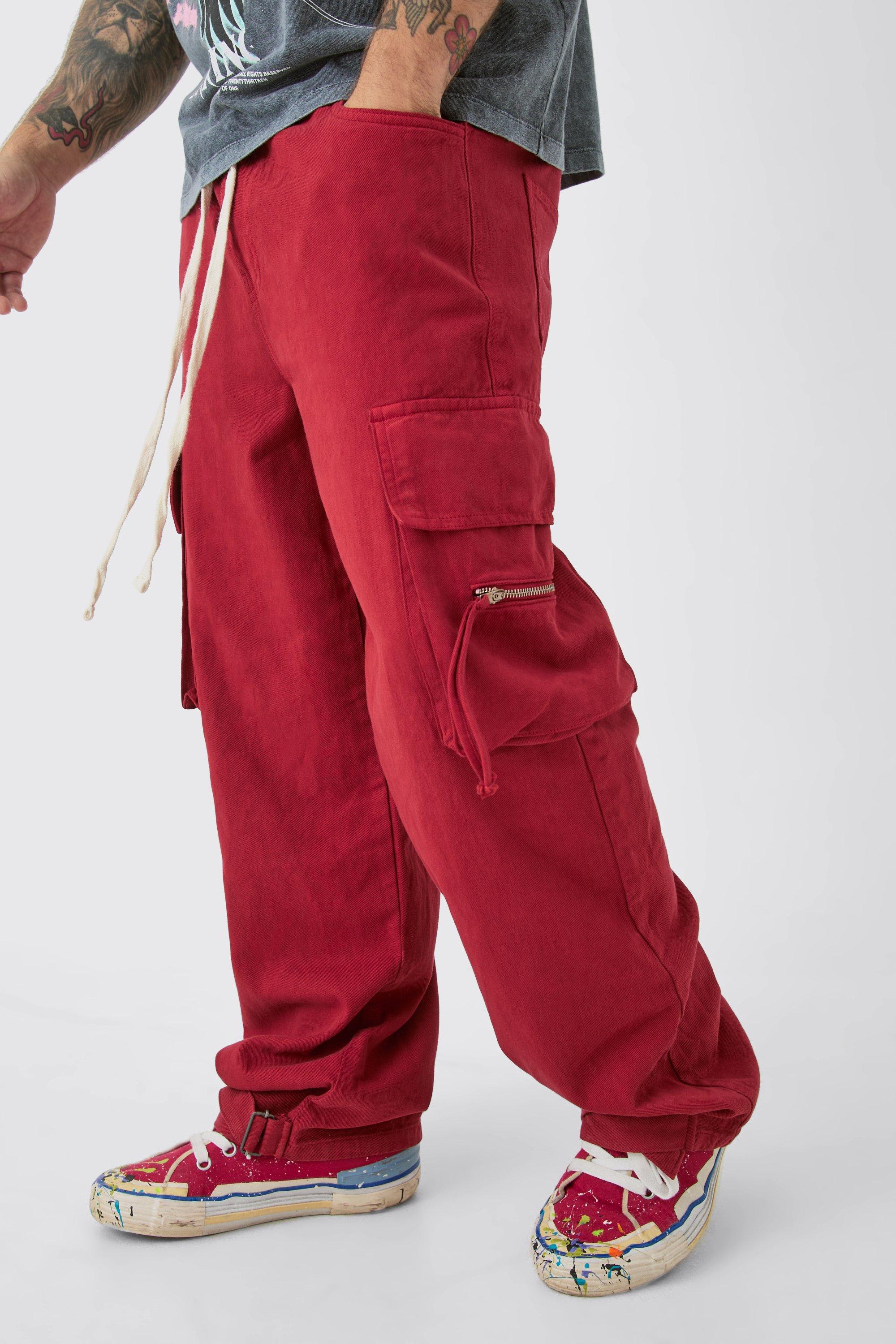 Mens Red Baggy Fit Elasticated Waist Extended Drawcord Cargo Trousers, Red