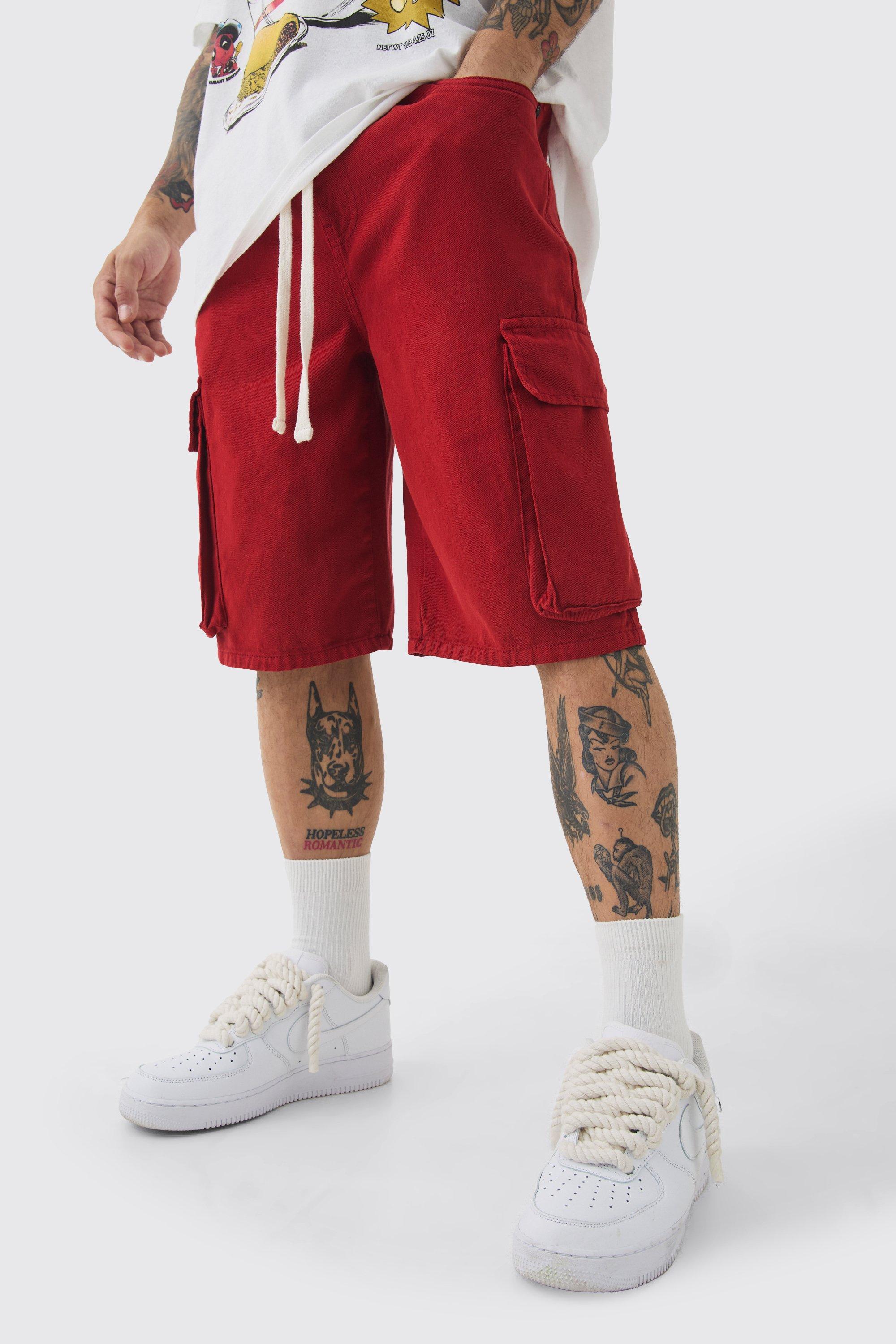 Mens Red Baggy Fit Elasticated Waist Extended Drawcord Cargo Shorts, Red