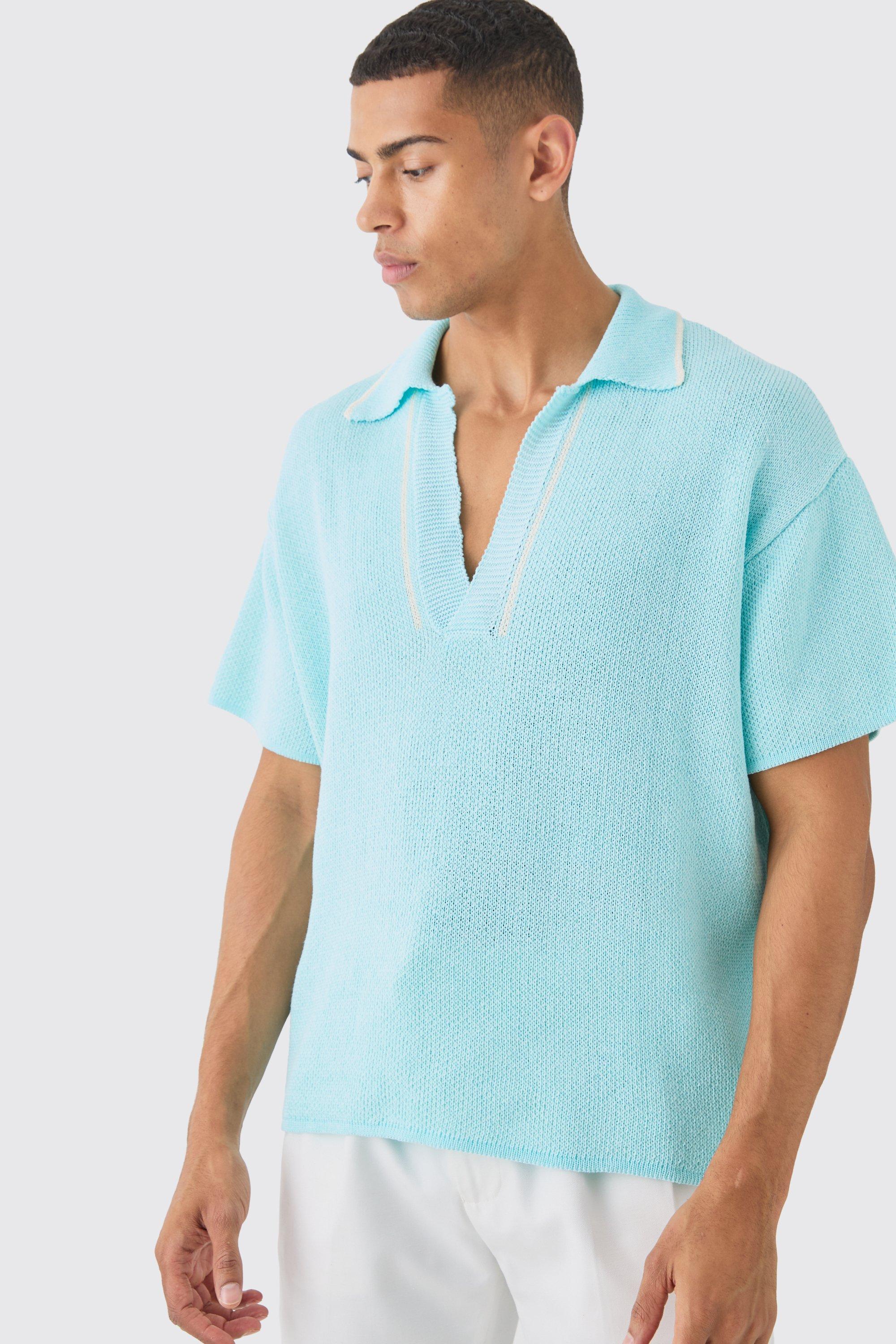 Regular Fit V Neck Knitted Polo With Tipping, Azzurro