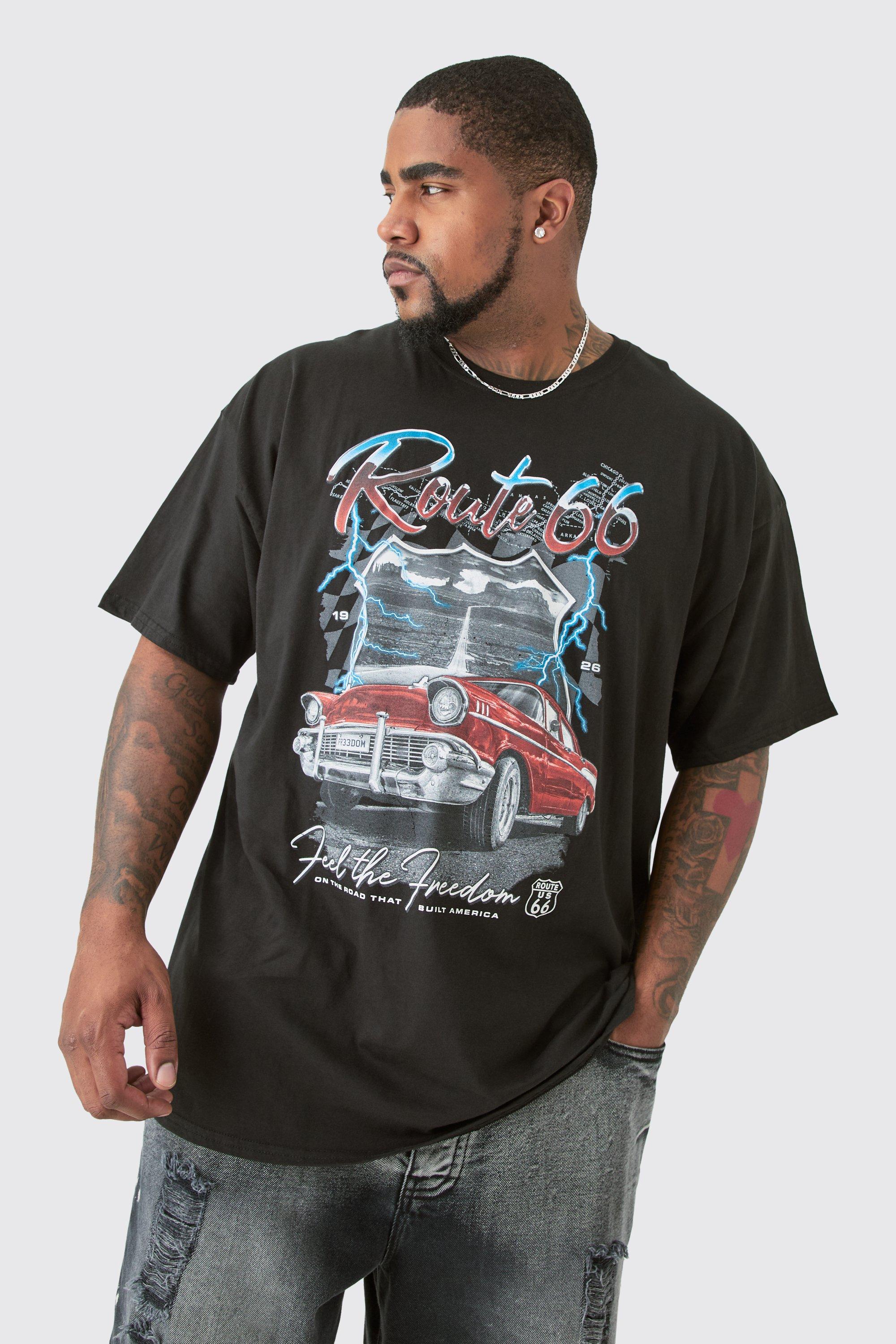 Image of Plus Route 66 Racer Printed T-shirt In Black, Nero