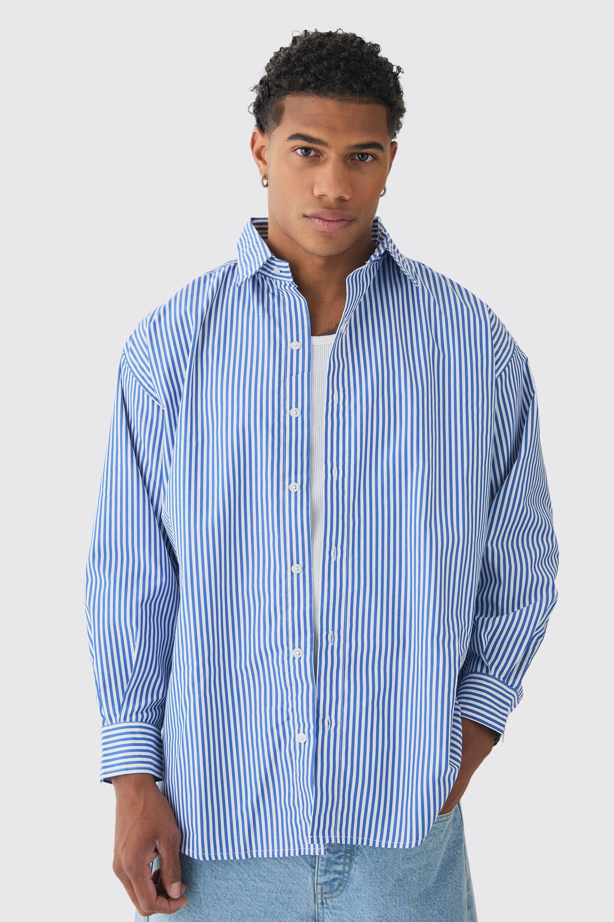 Mens Oversized Striped Long Sleeve Shirt In Blue, Blue