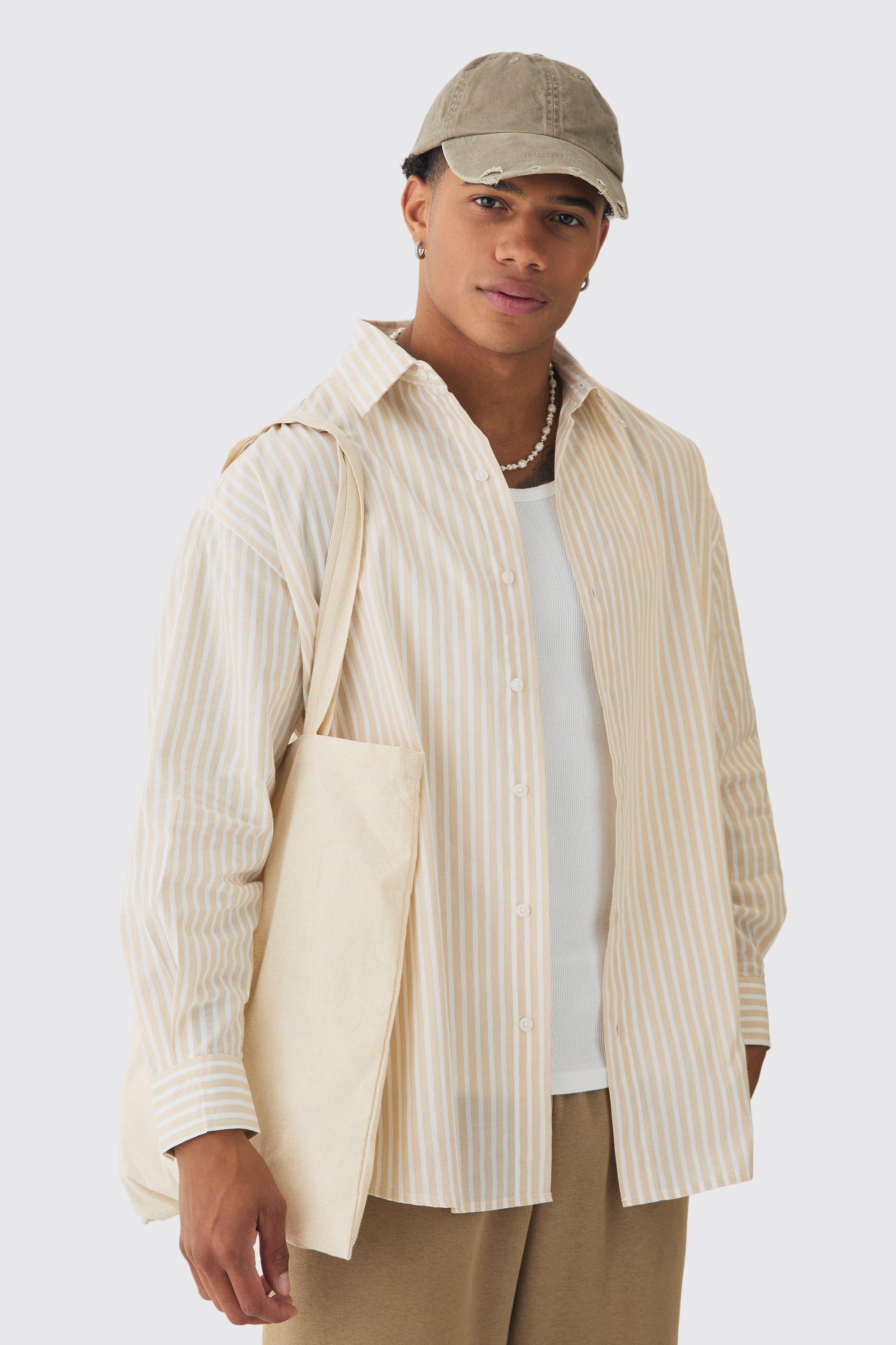 Mens Beige Oversized Long Sleeve Striped Shirt In Stone, Beige