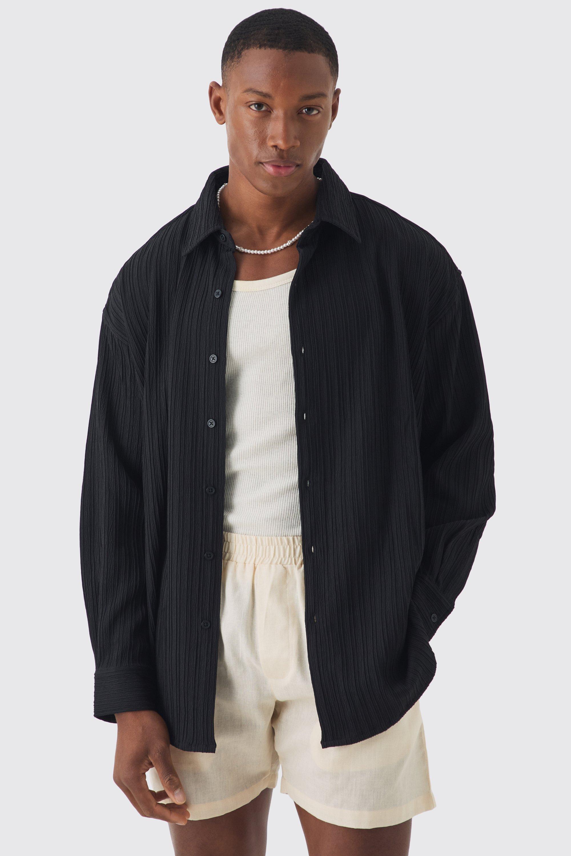 Mens Oversized Pleated Crinkle Shirt In Black, Black