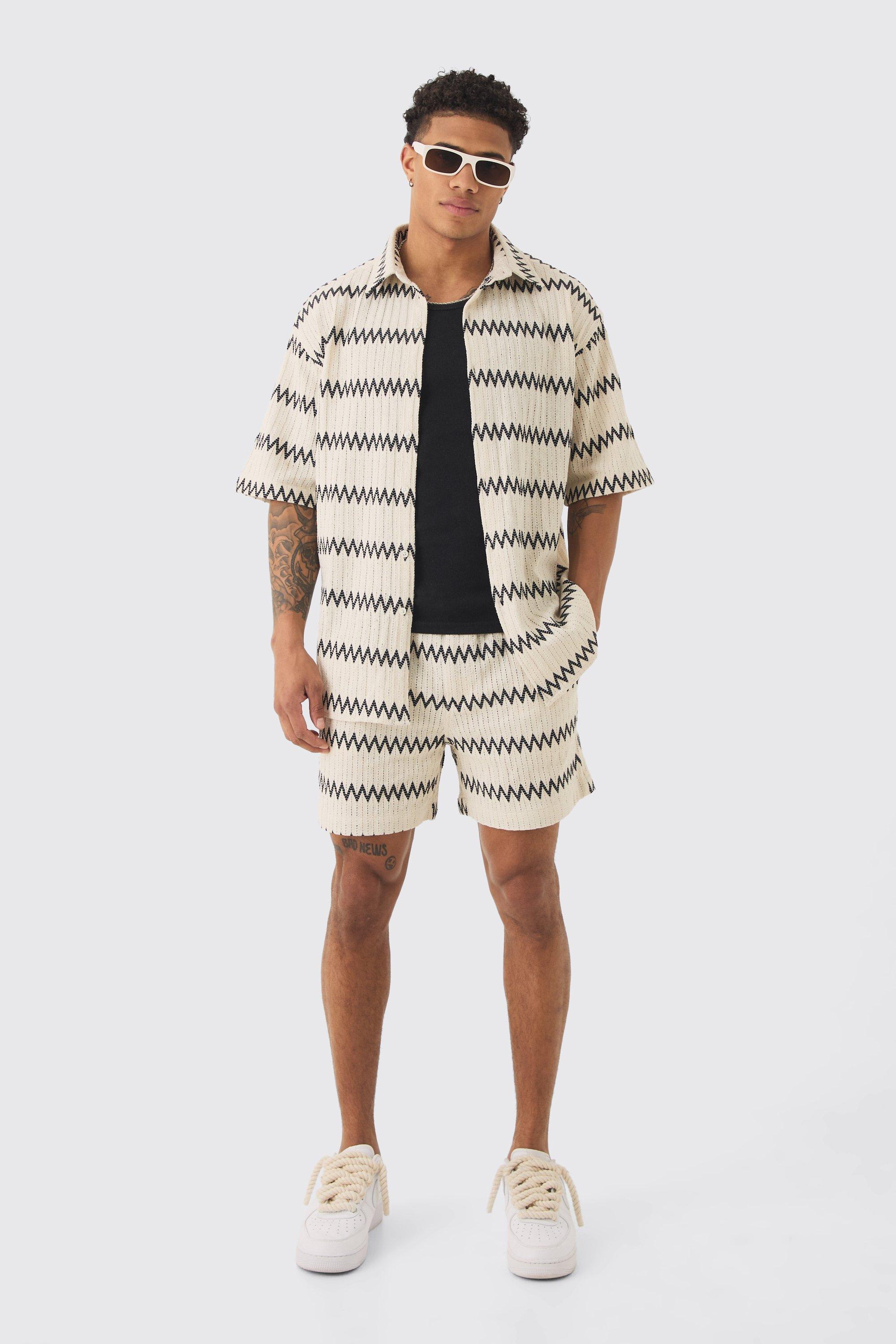 Mens Cream Oversized Zig Zag Woven Shirt And Short Set In Ecru, Cream