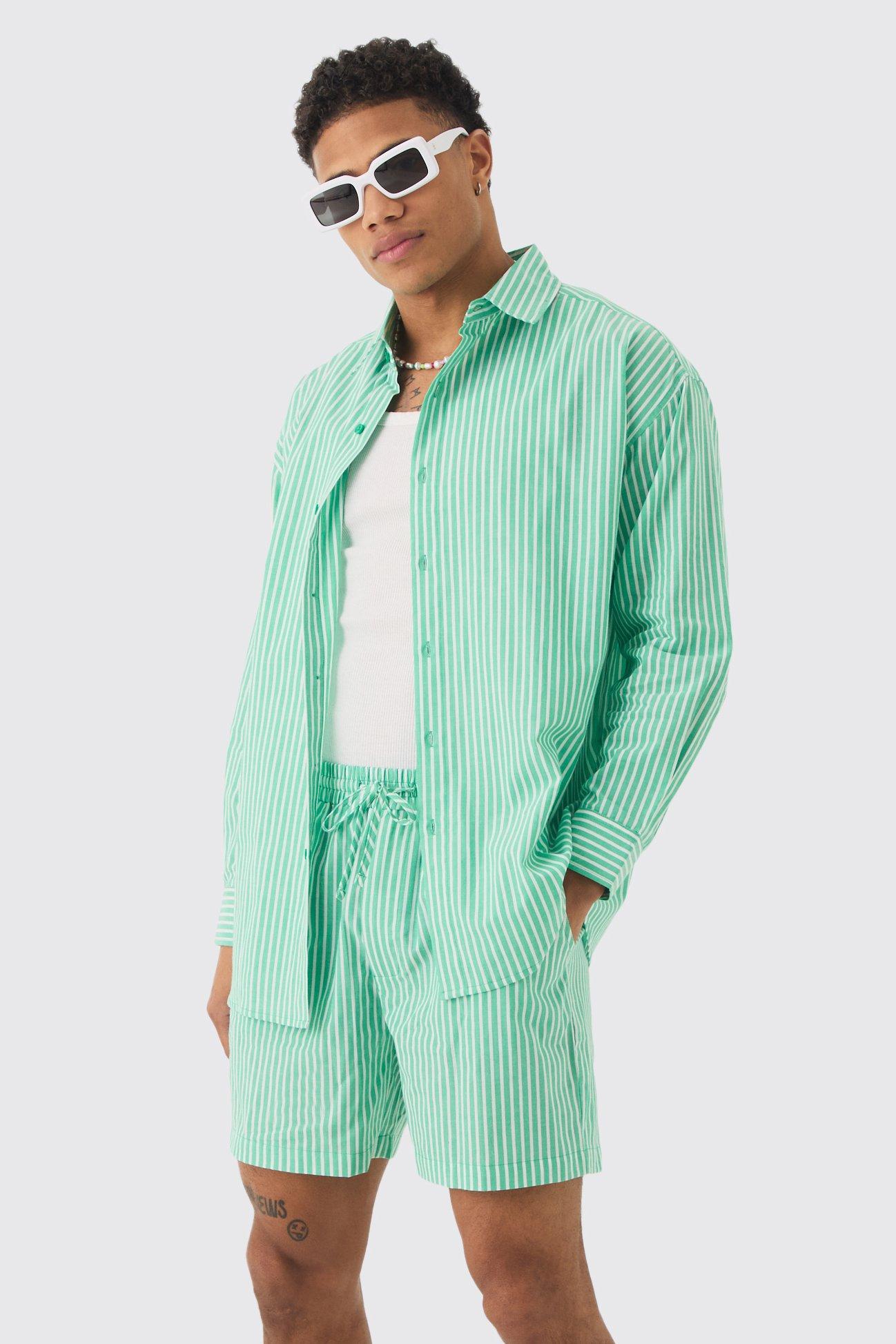 Mens Oversized Long Sleeve Striped Shirt & Short Set In Green, Green