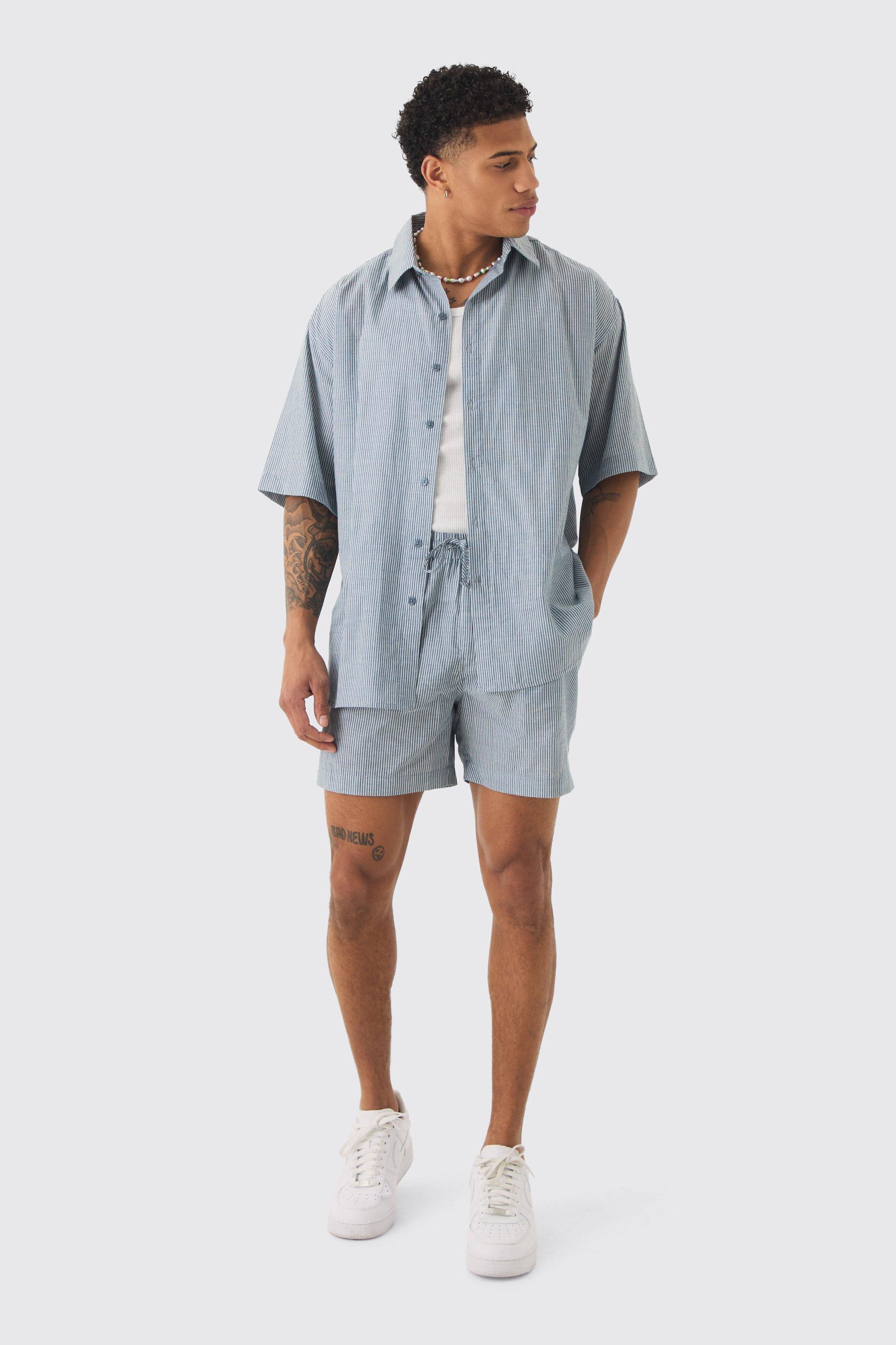 Mens Oversized Short Sleeve Linen Look Shirt & Short Set In Black, Black