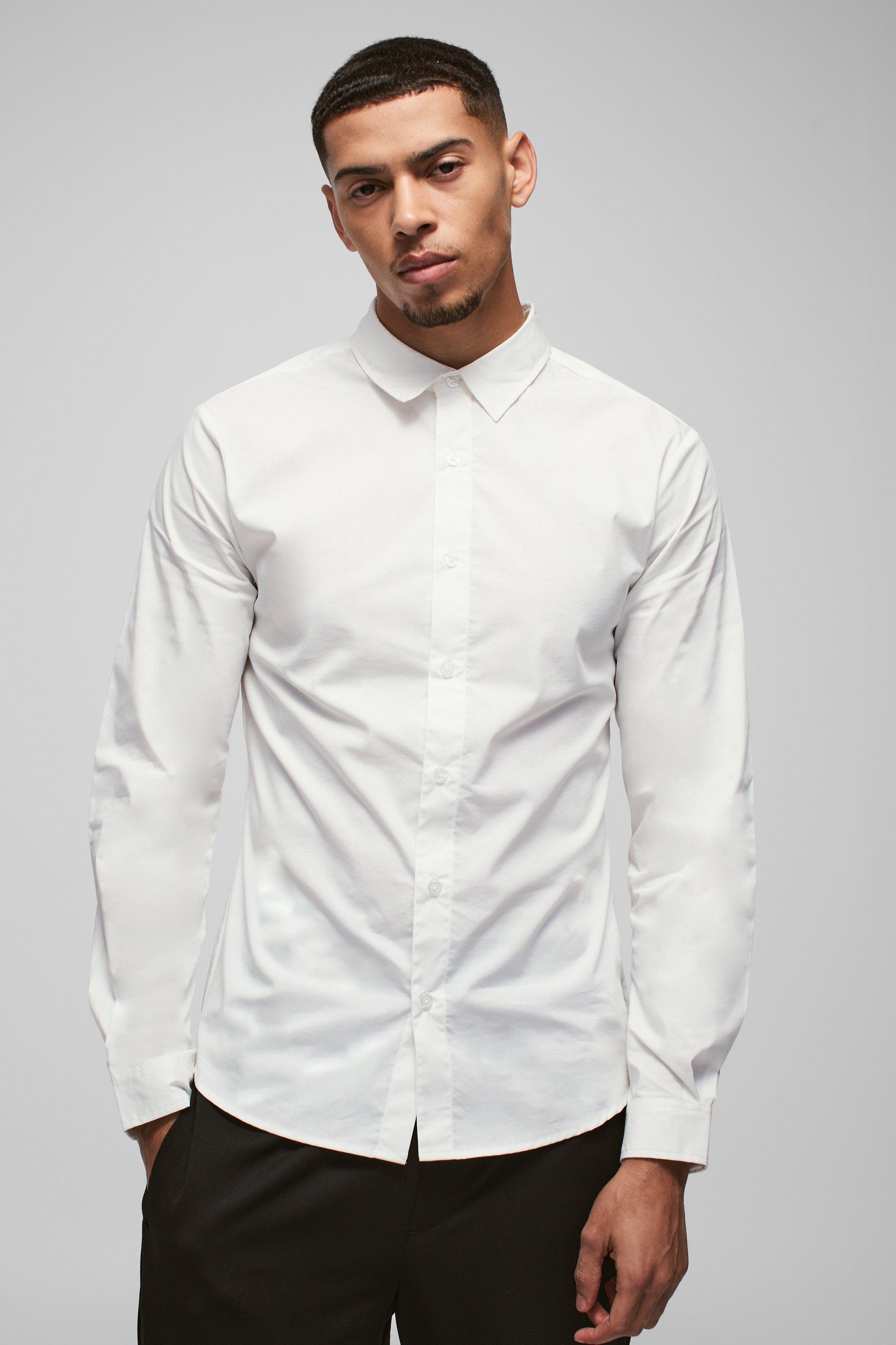 Mens White Long Sleeve Slim Shirt, White