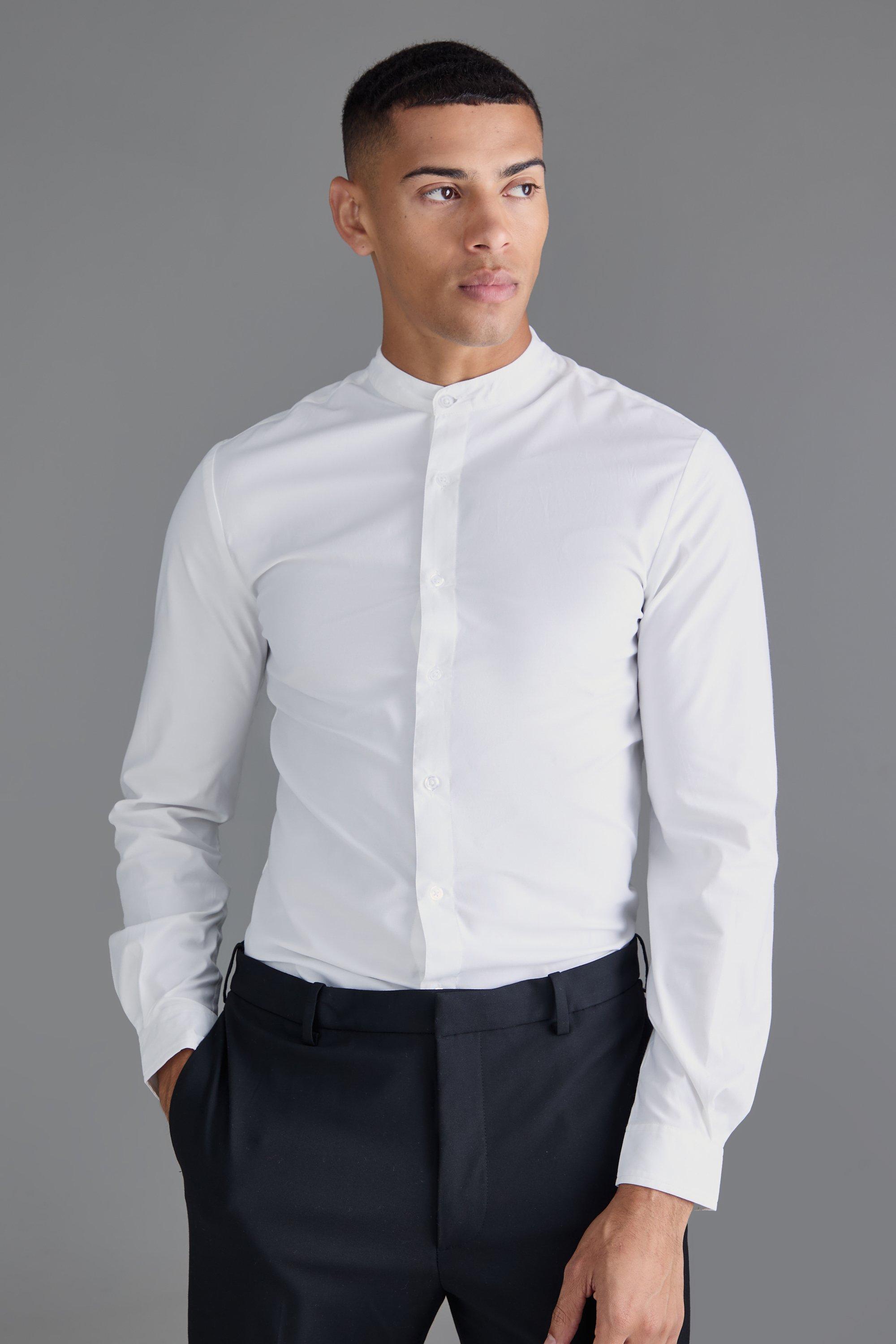 Mens White Slim Fit Grandad Collar Shirt, White