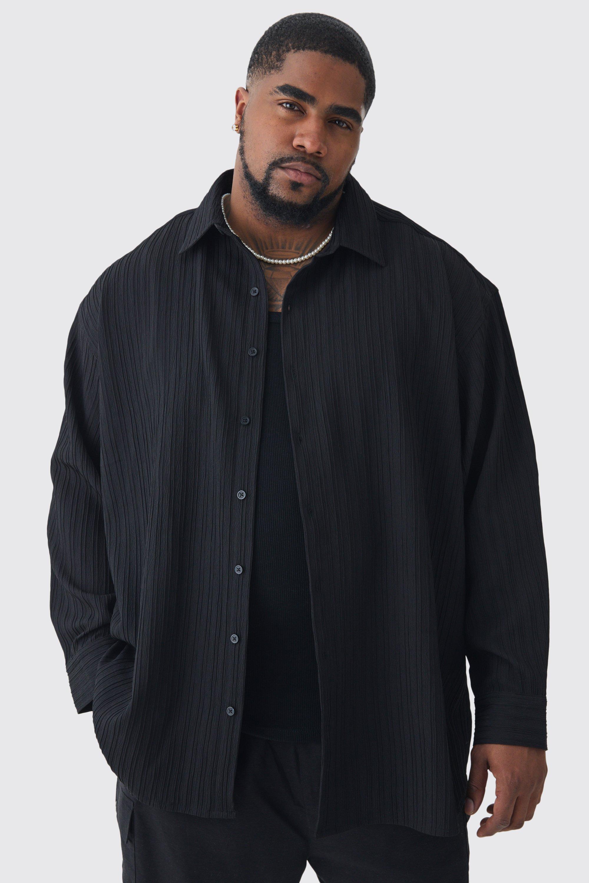 Mens Black Plus Oversized Pleated Crinkle Shirt, Black