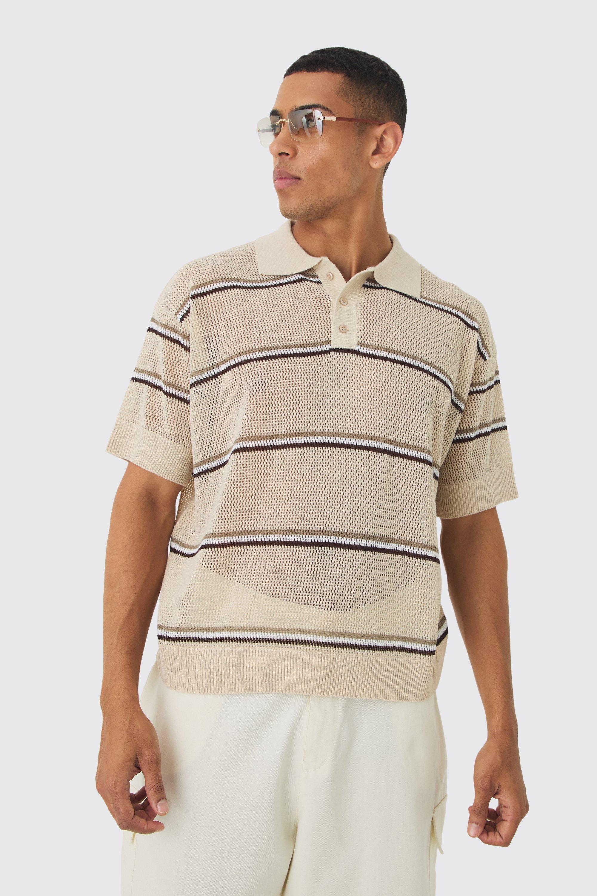 Oversized Boxy Open Stitch Stripe Polo, Beige