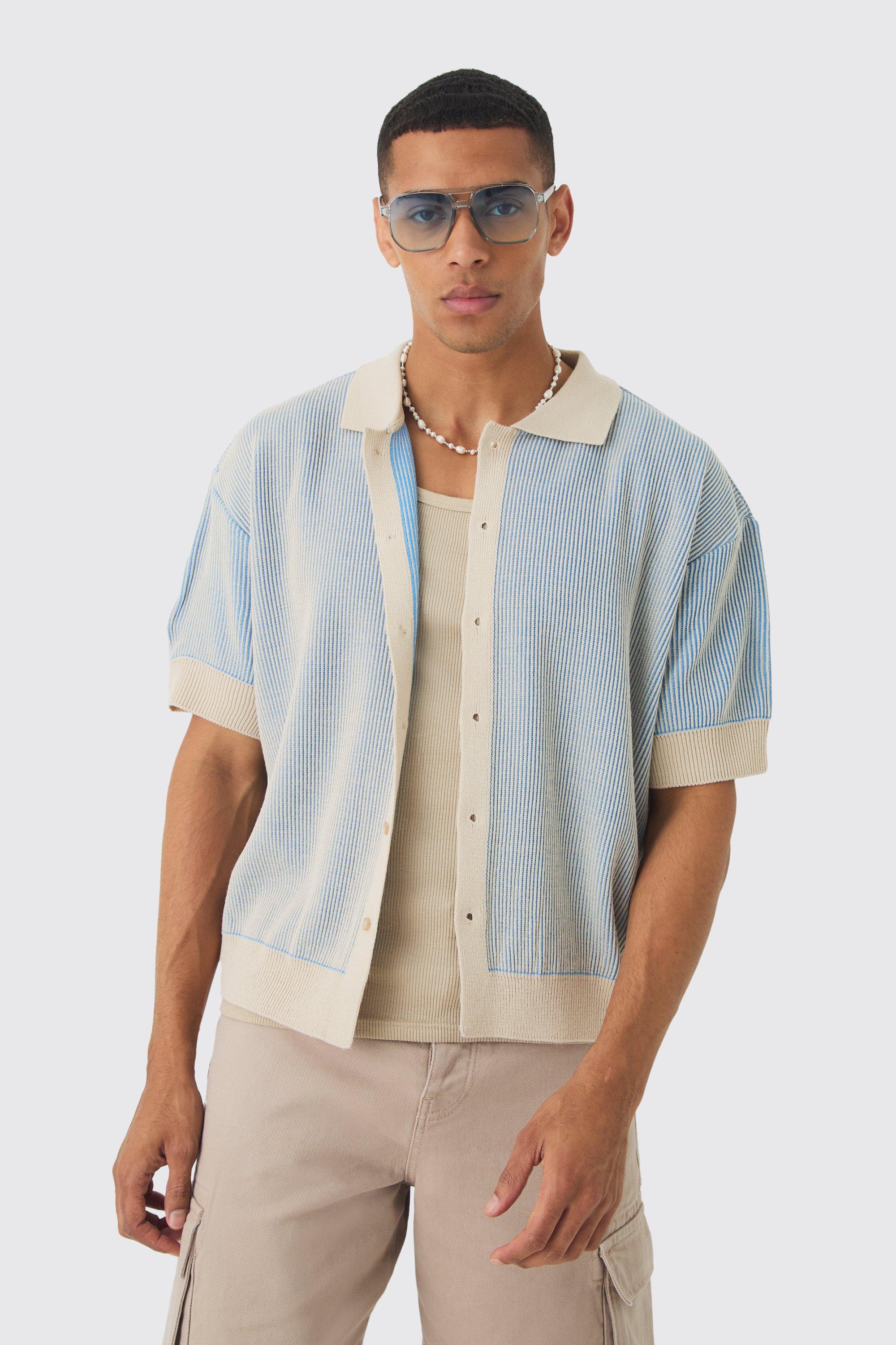 Mens Blue Oversized Boxy Two Tone Rib Knit Shirt, Blue