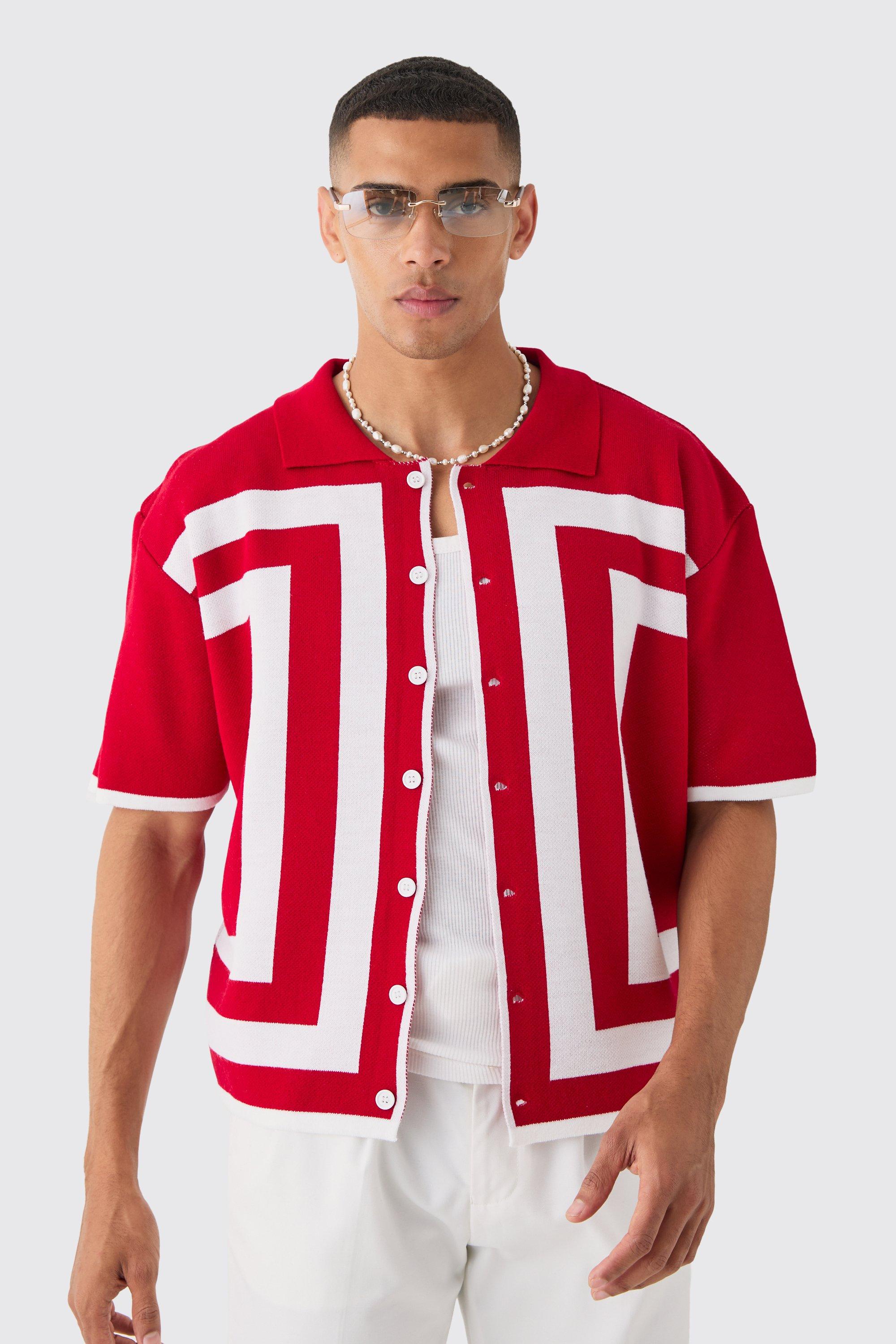 Camicia squadrata oversize in maglia con bordi e rever, Rosso