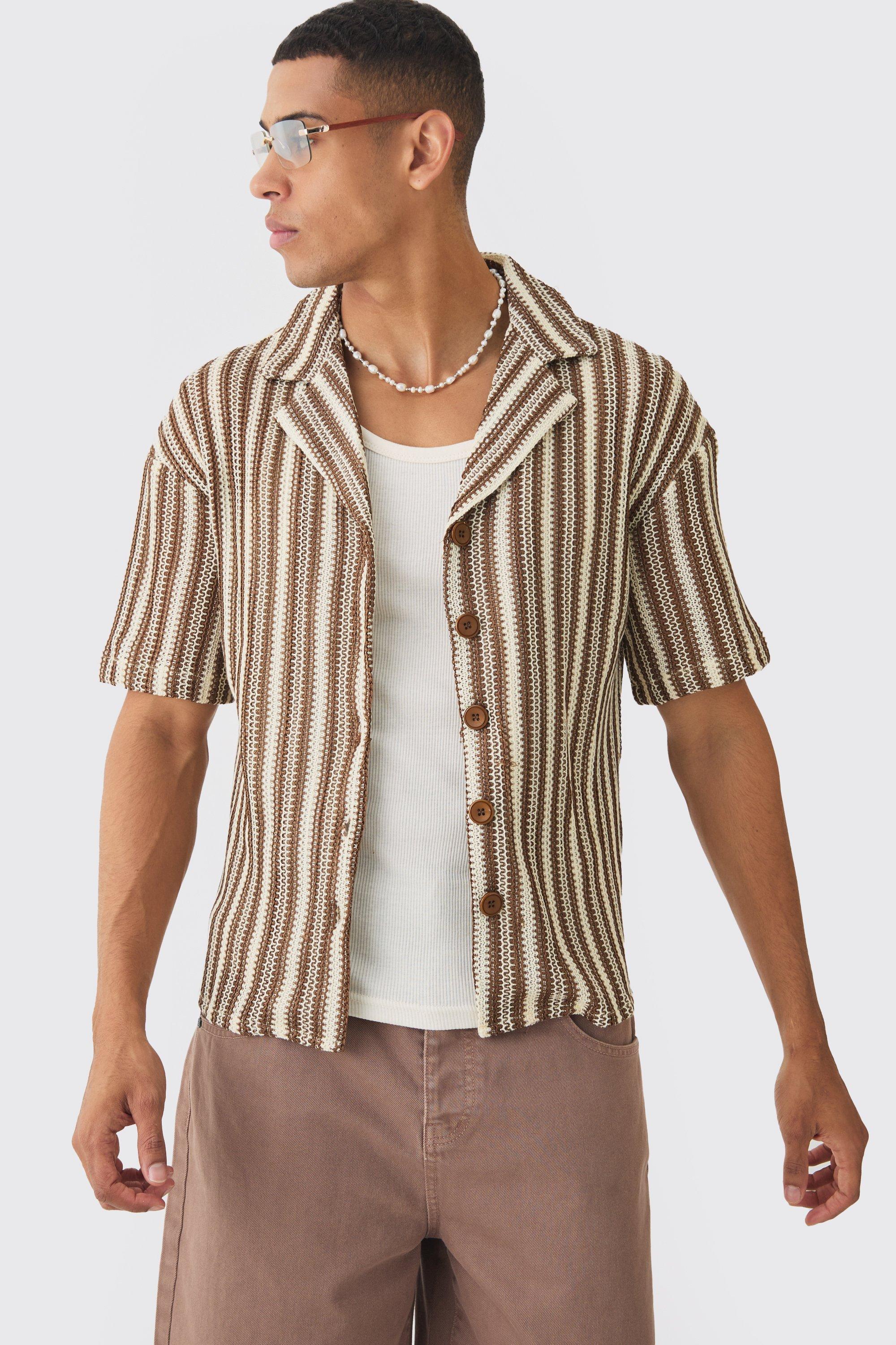 Mens Brown Boxy Fit Revere Open Weave Stripe Shirt, Brown