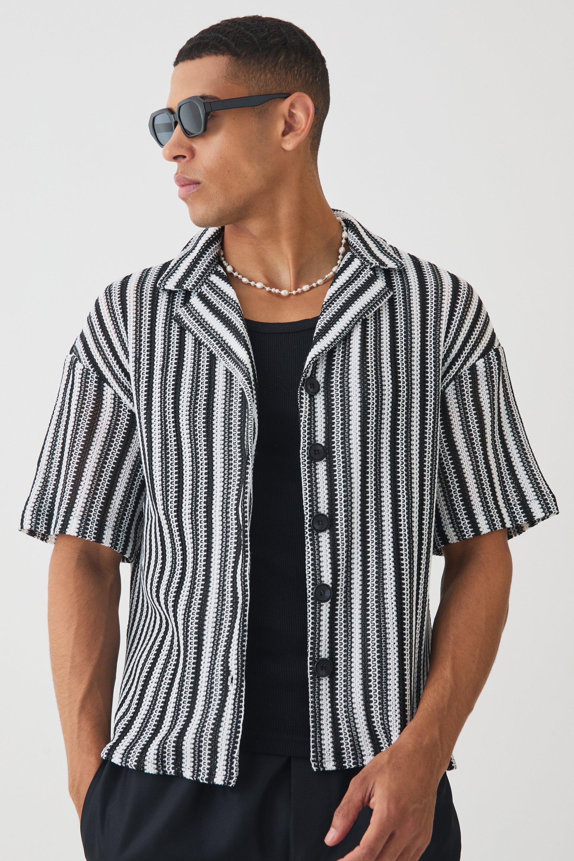 Mens Black Boxy Fit Revere Open Weave Stripe Shirt, Black