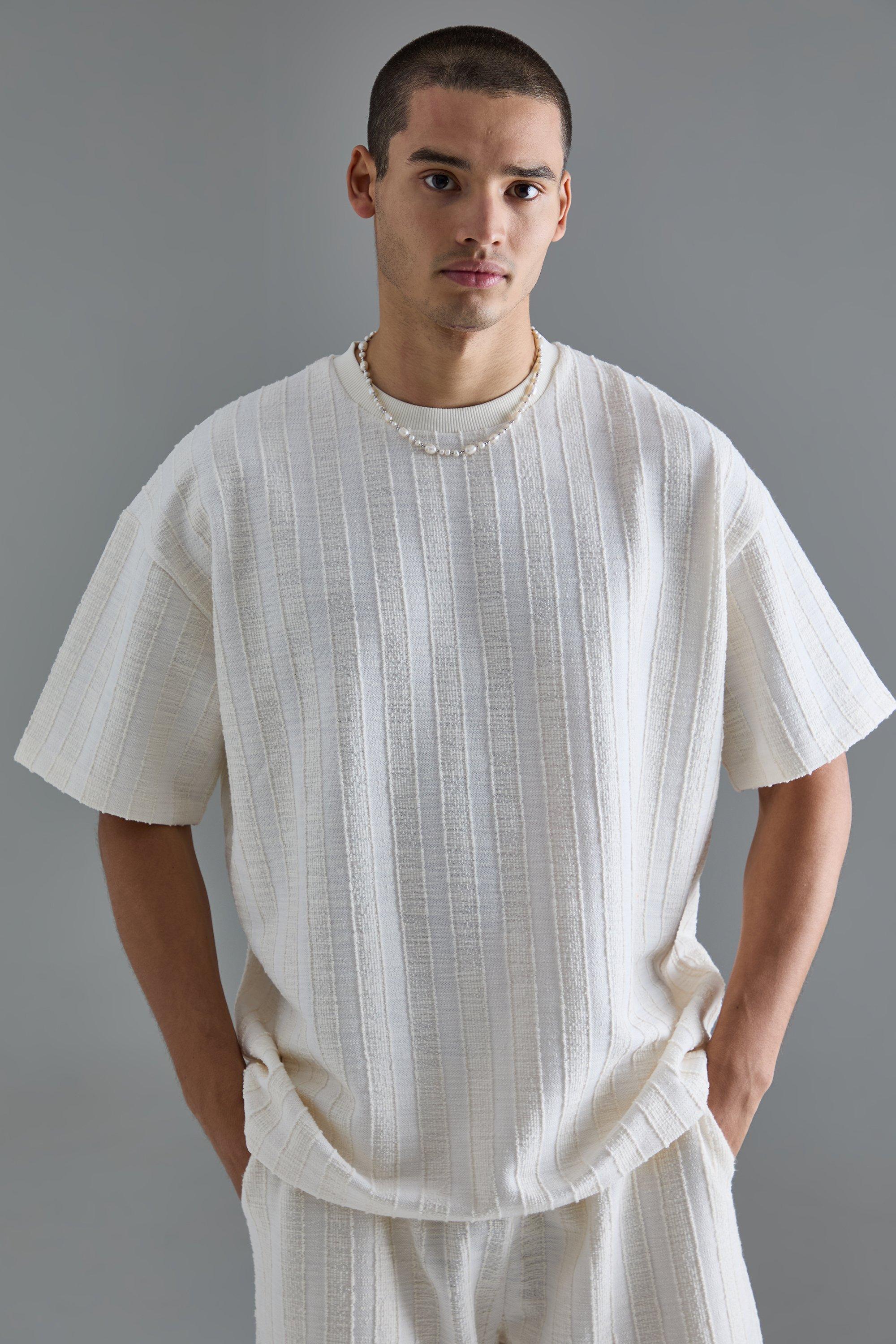 Mens White Oversized Textured Stripe T-shirt, White