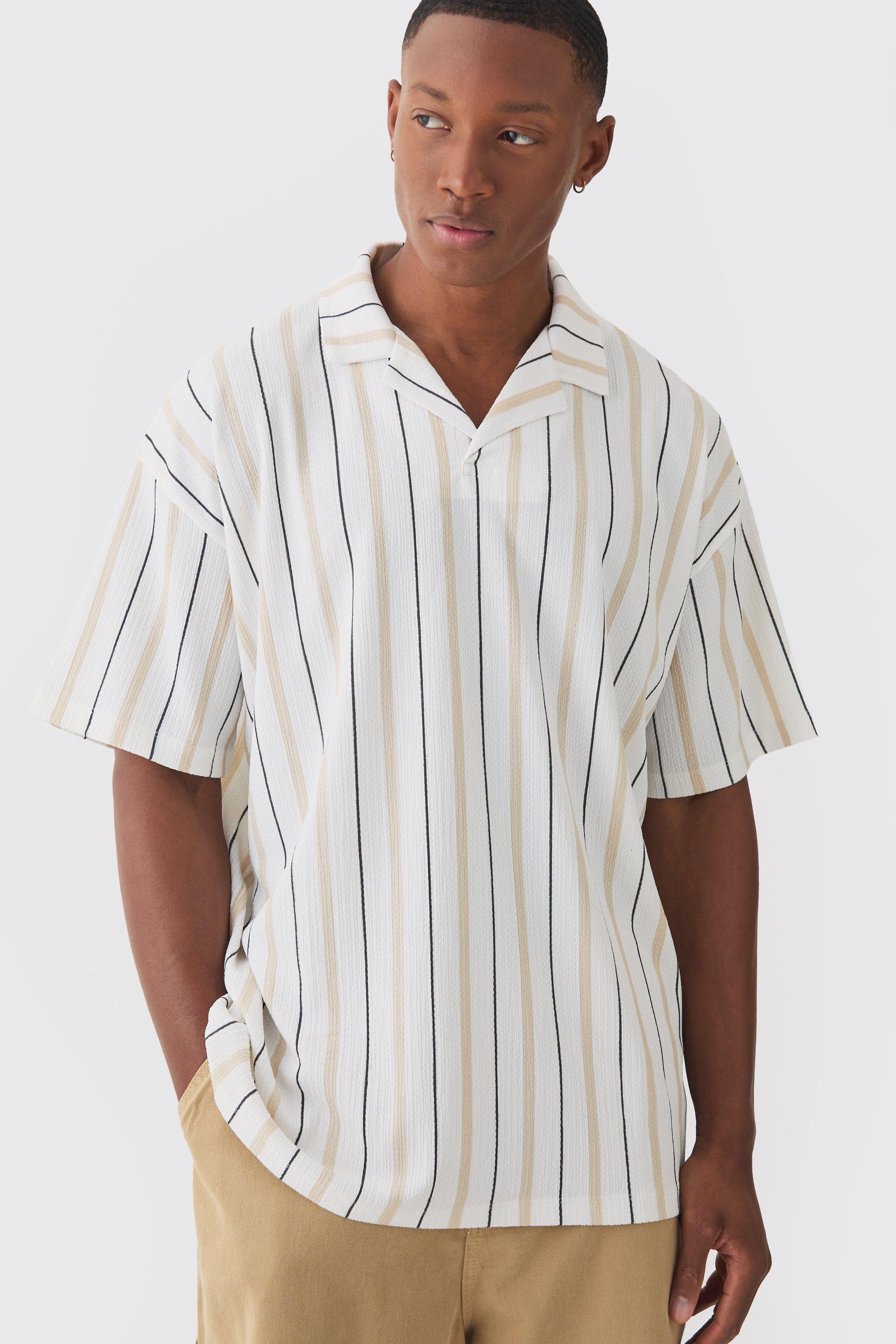 Mens Tan Oversized Revere Striped Crinkle Polo, Tan