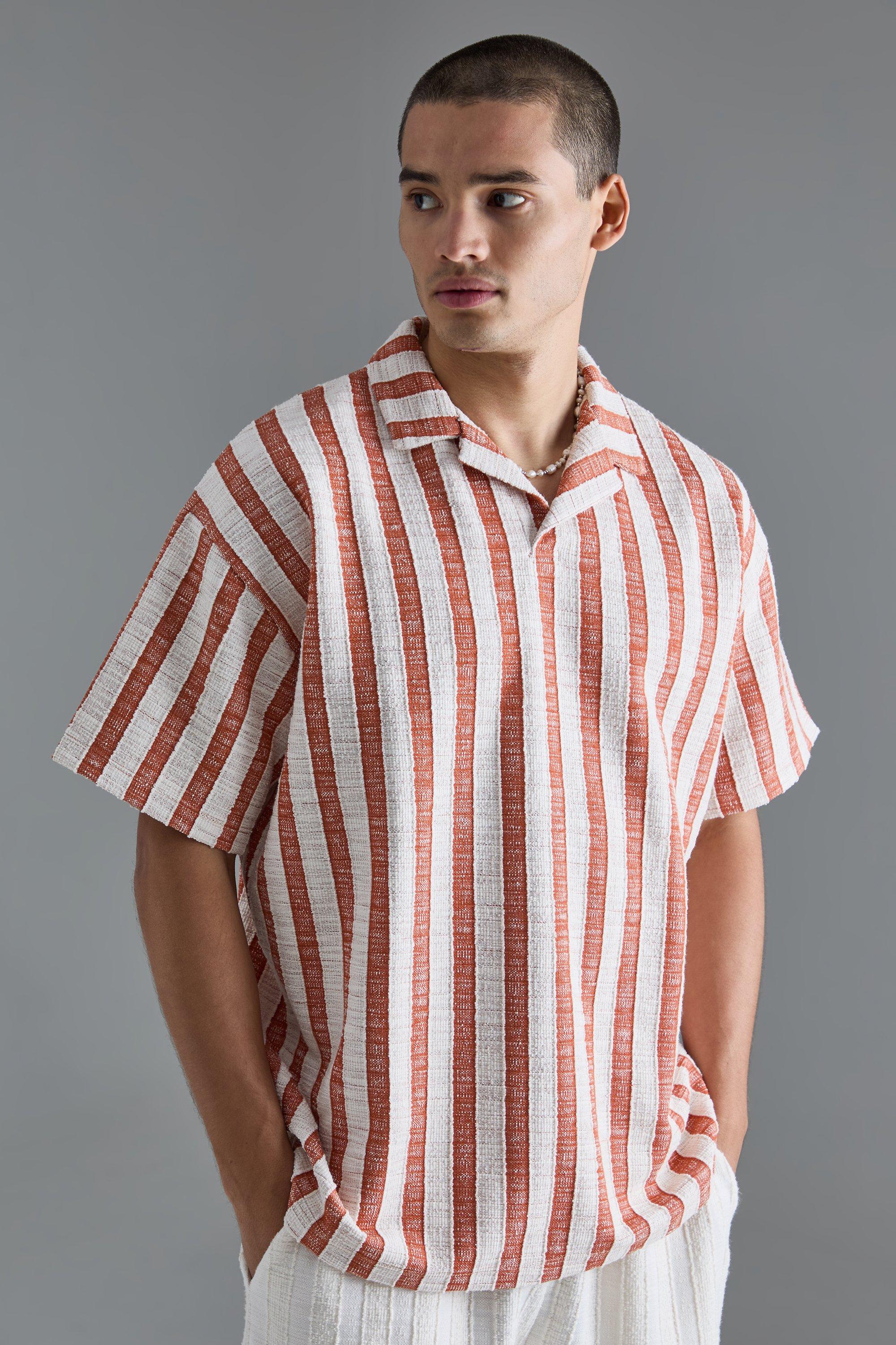 Mens Multi Oversized Revere Textured Stripe Polo, Multi