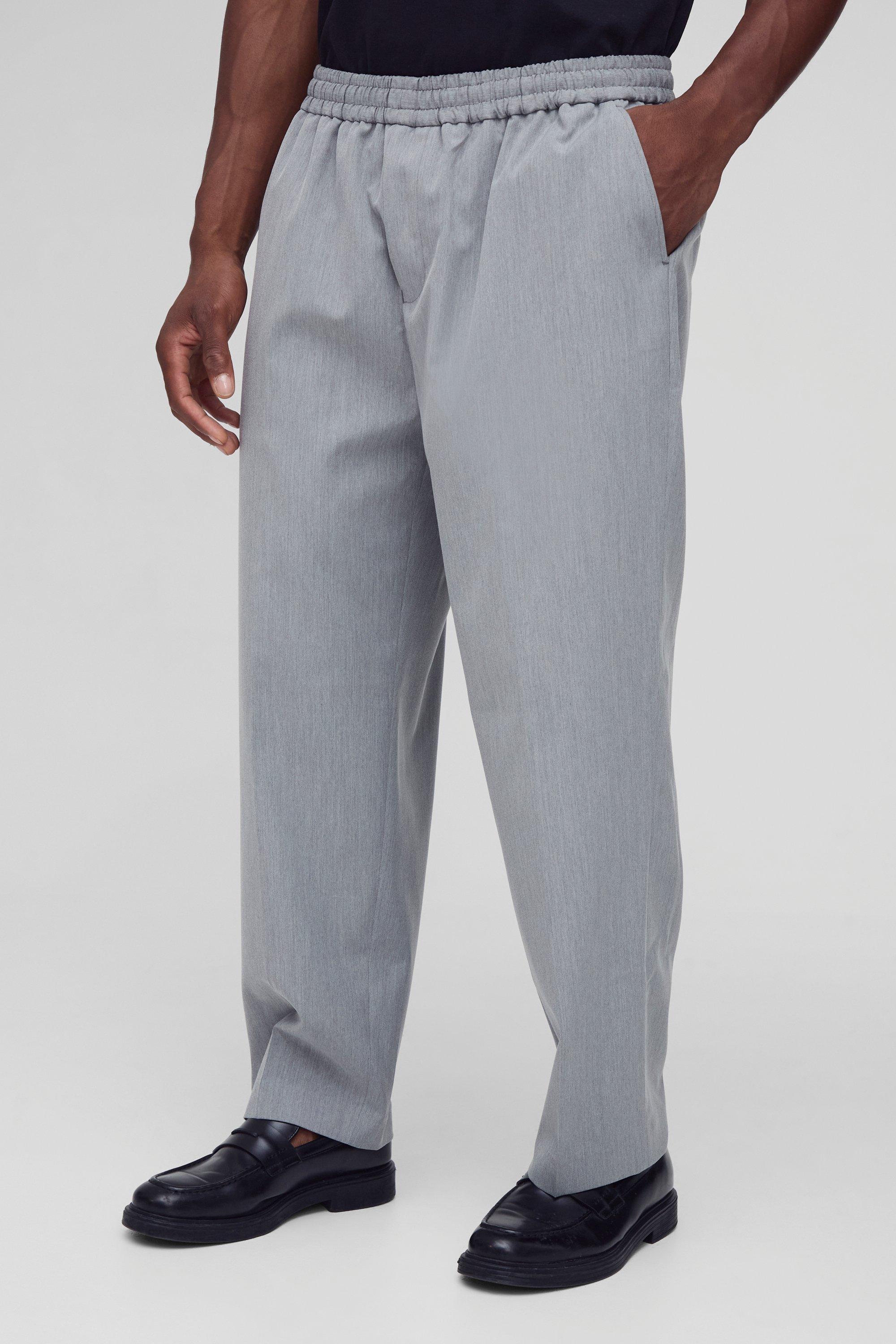 Mens Grey Elastic Waist Cropped Skate Fit Tailored Trousers, Grey