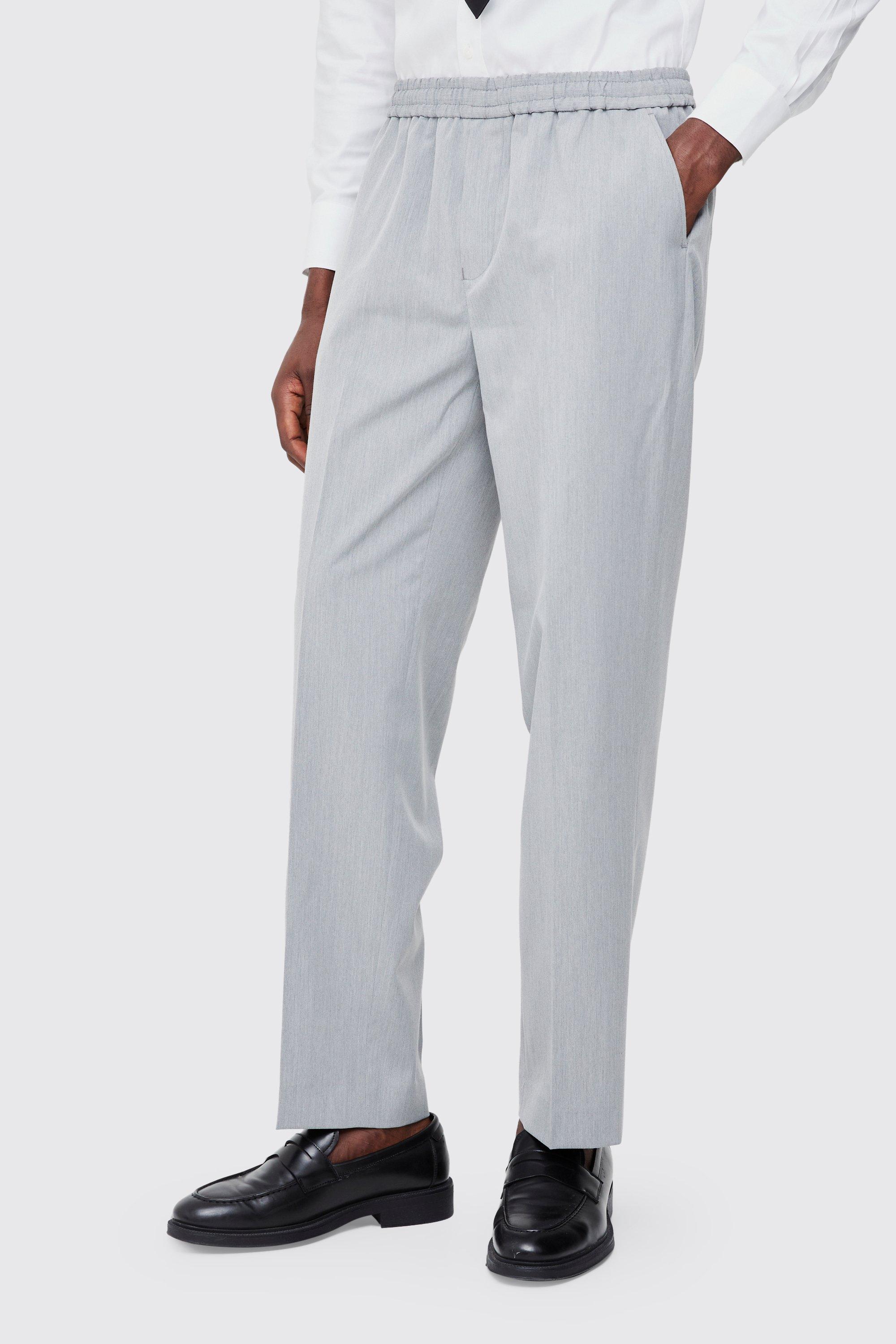 Mens Grey Elastic Waist Straight Fit Tailored Trousers, Grey
