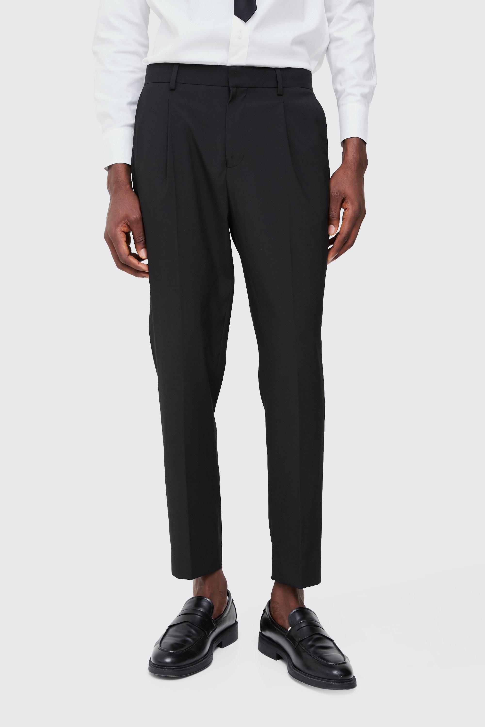 Mens Black Fixed Waist Pleat Front Tapered Tailored Trousers, Black