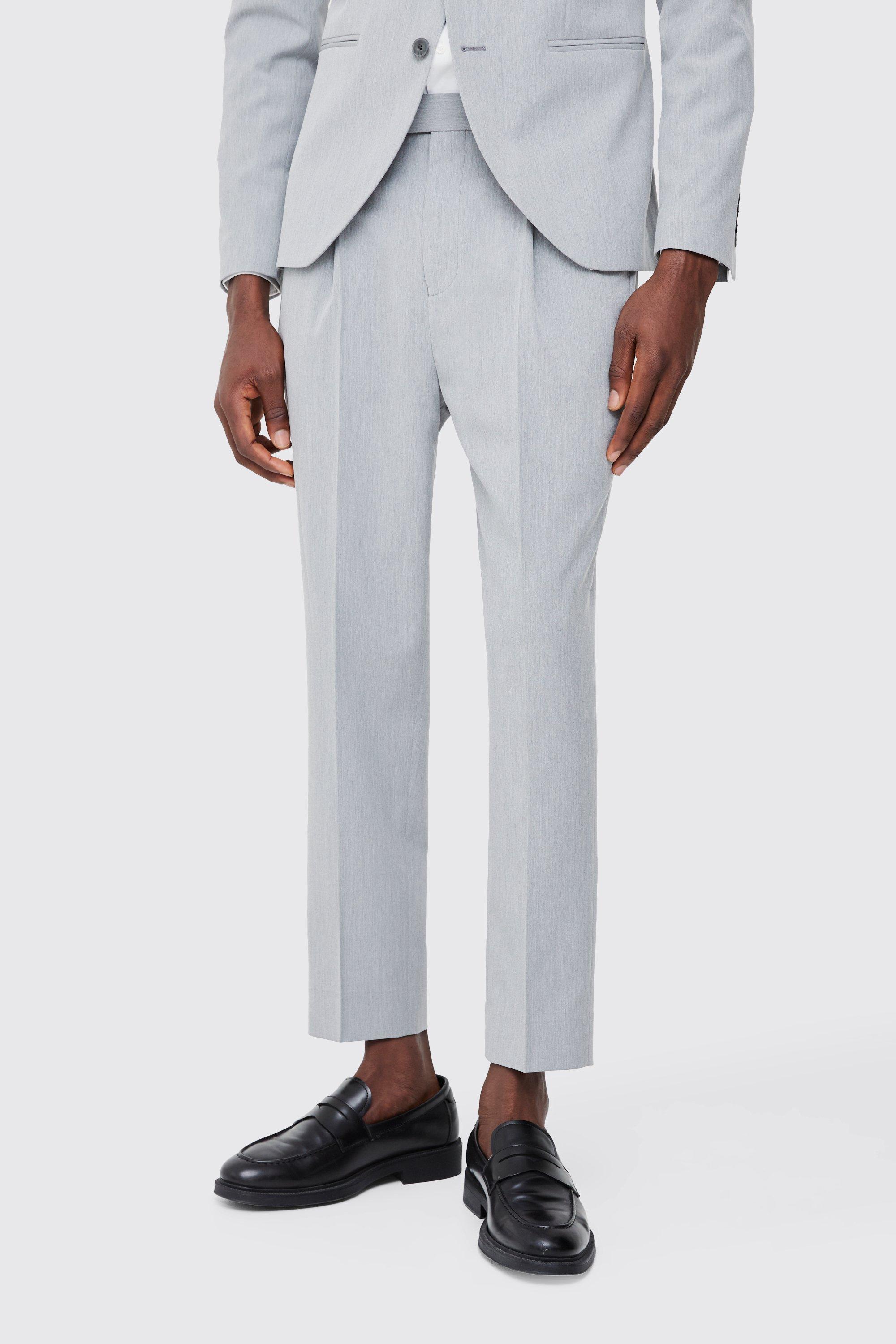 Mens Grey Fixed Waist High Rise Tapered Crop Tailored Trousers, Grey