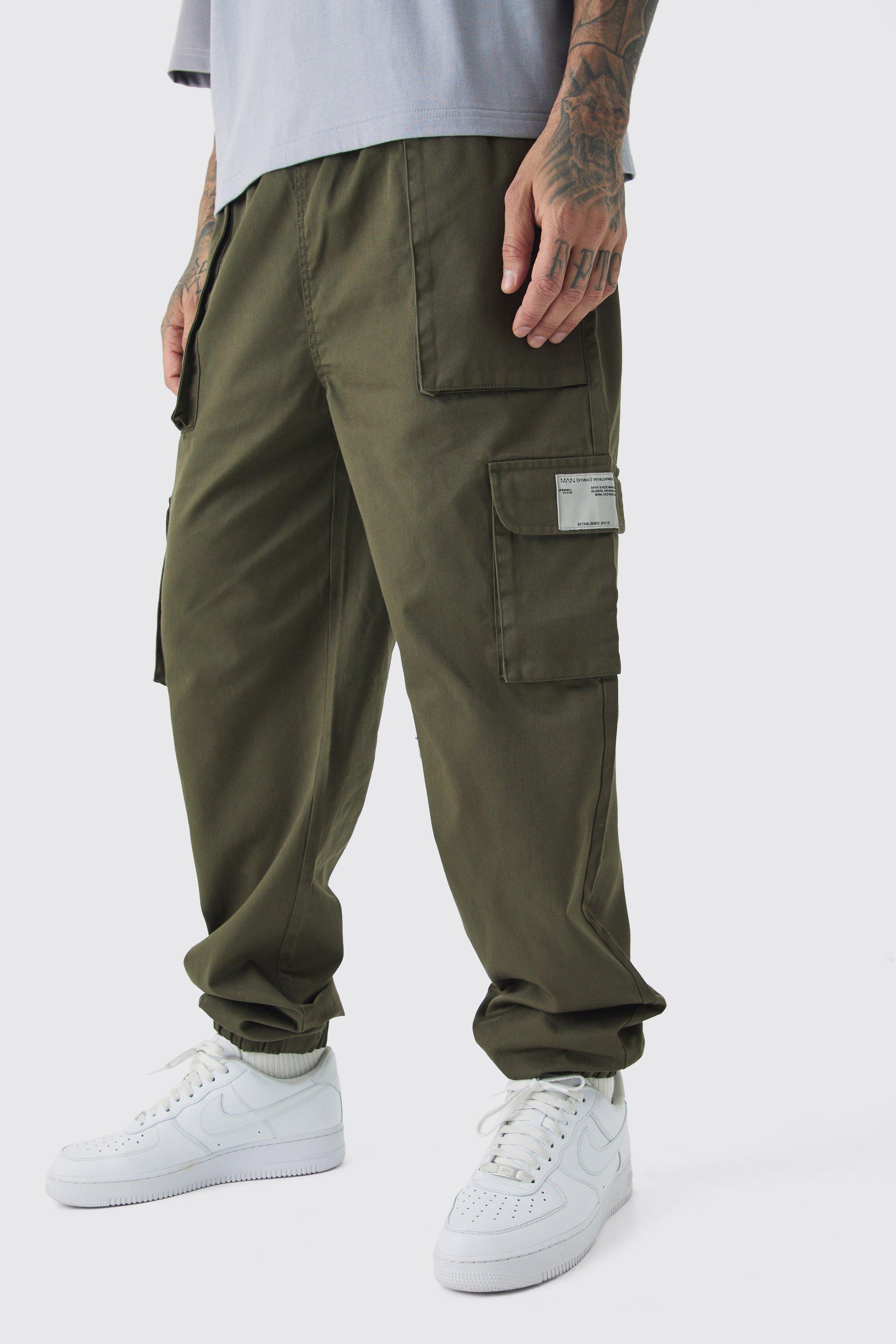 Mens Green Tall Cuffed Hem Woven Tab Cargo Trousers In Khaki, Green