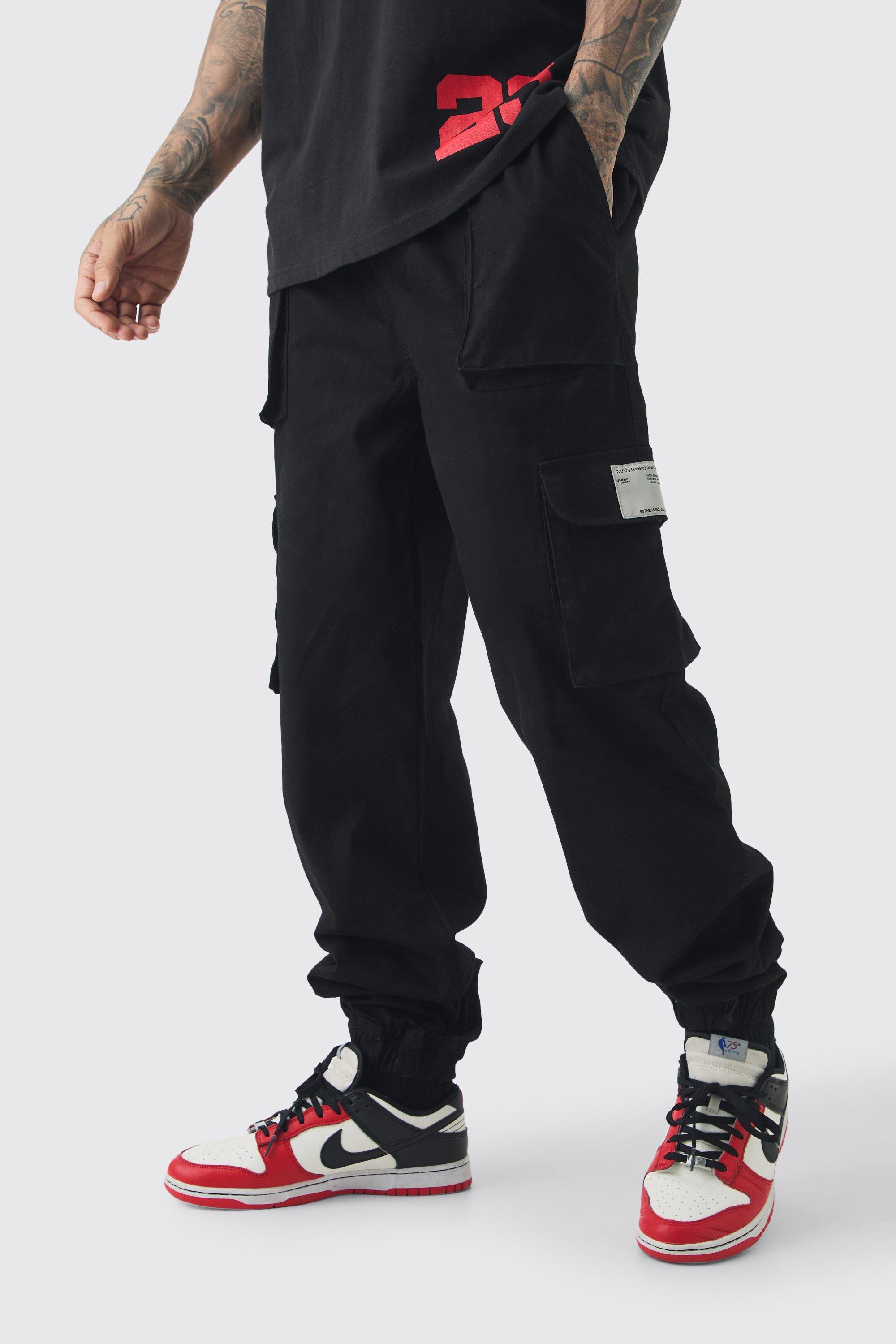 Mens Tall Cuffed Hem Woven Tab Cargo Trousers In Black, Black