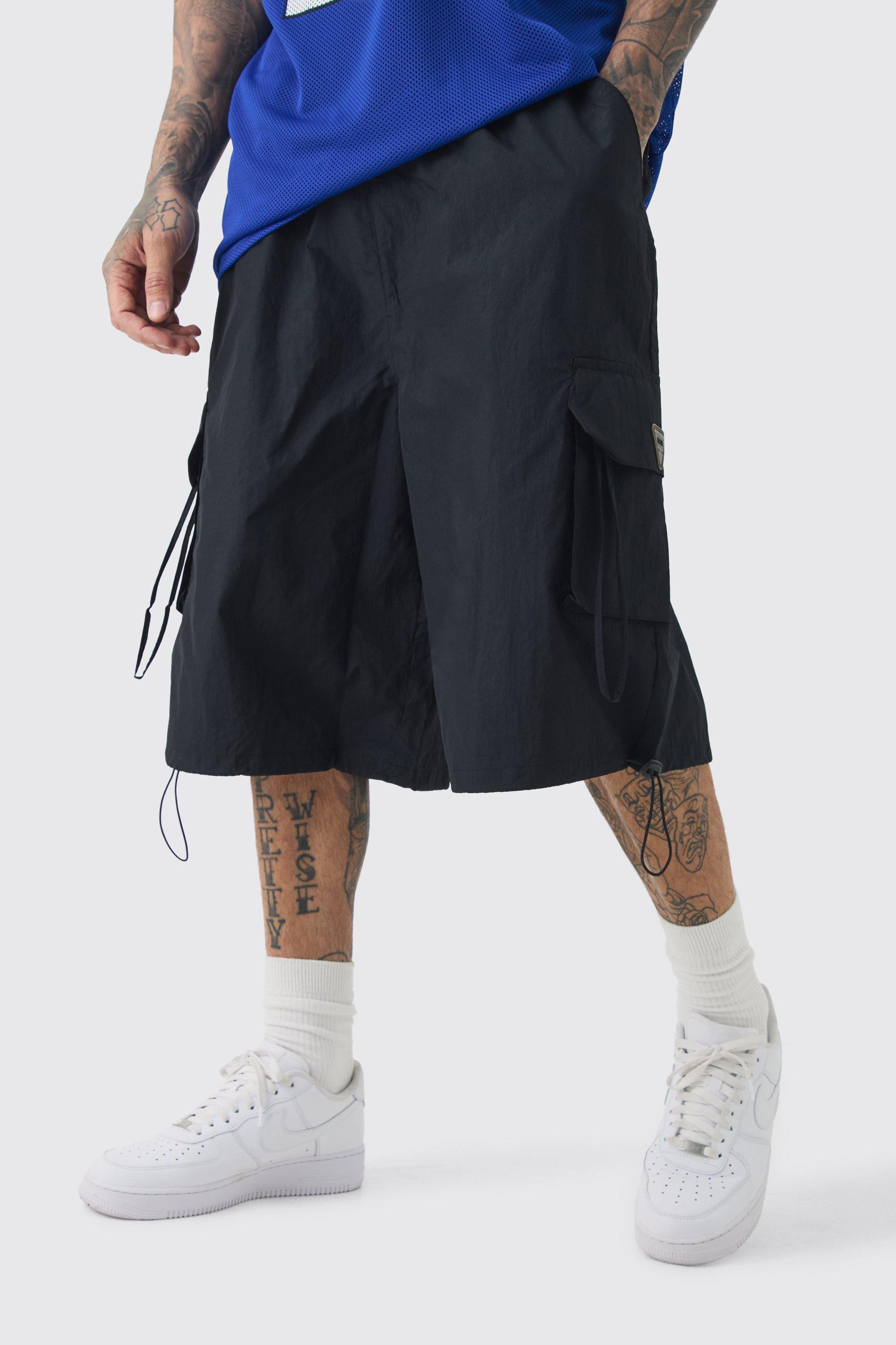 Mens Tall Crinkle Nylon Cargo Parachute Shorts In Black, Black