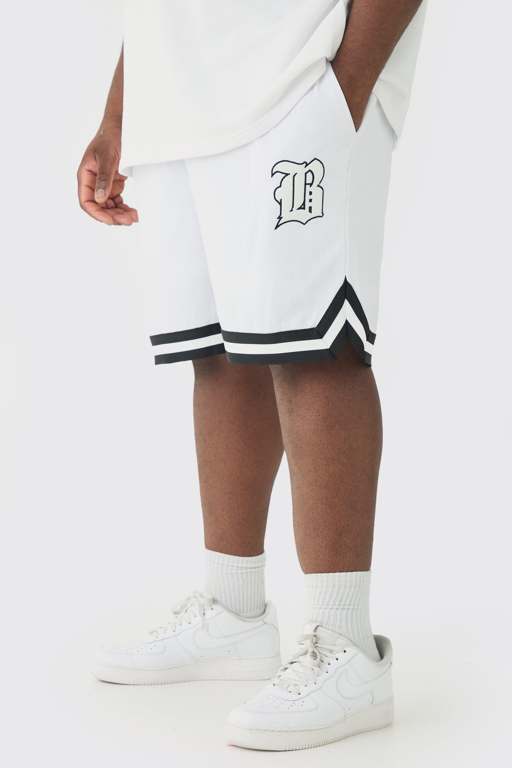 Mens White Plus Loose Fit B Applique Mesh Basketball Shorts, White