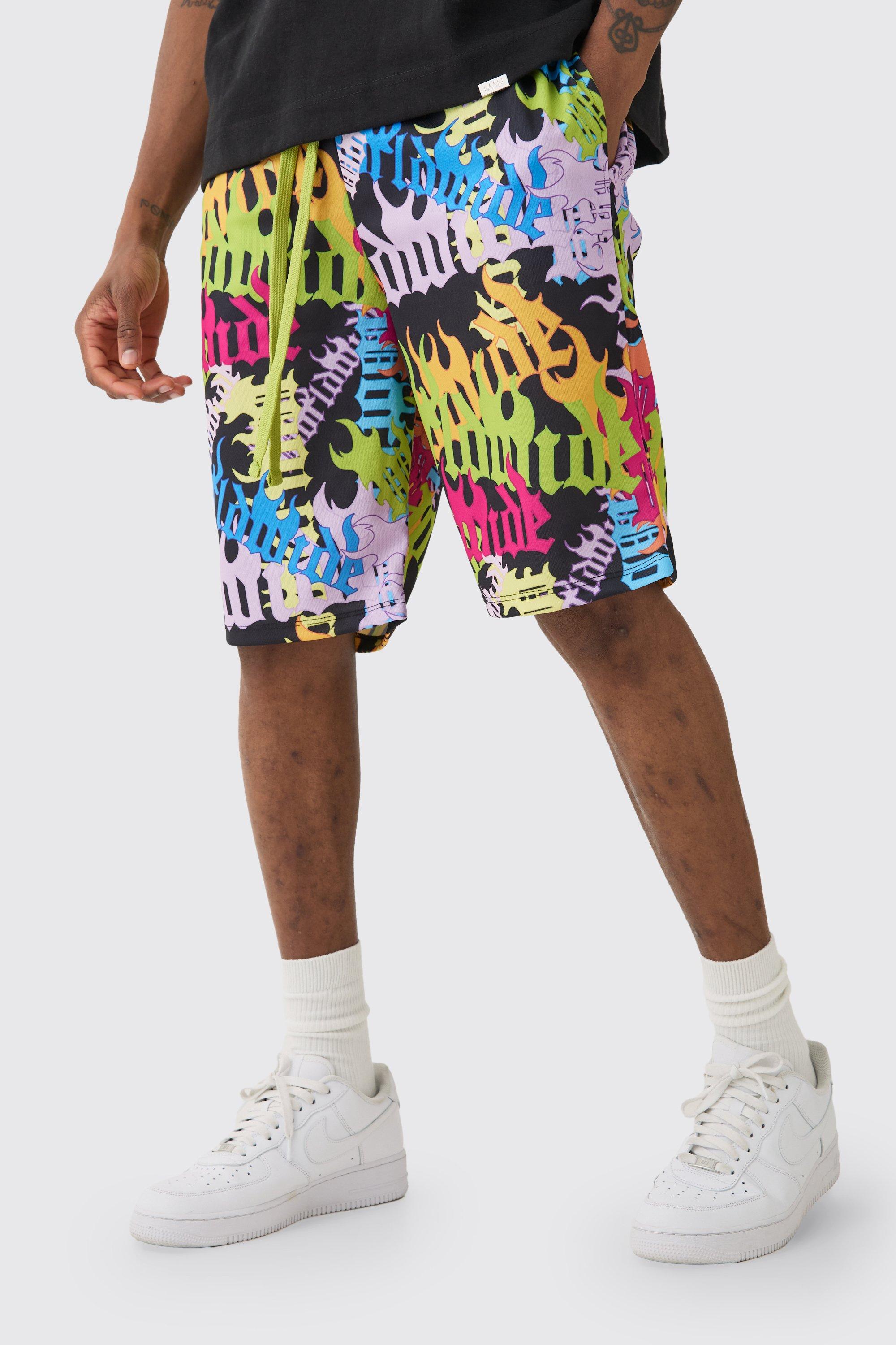 Mens Black Tall Worldwide Graffiti Mid Length Mesh Basketball Shorts, Black