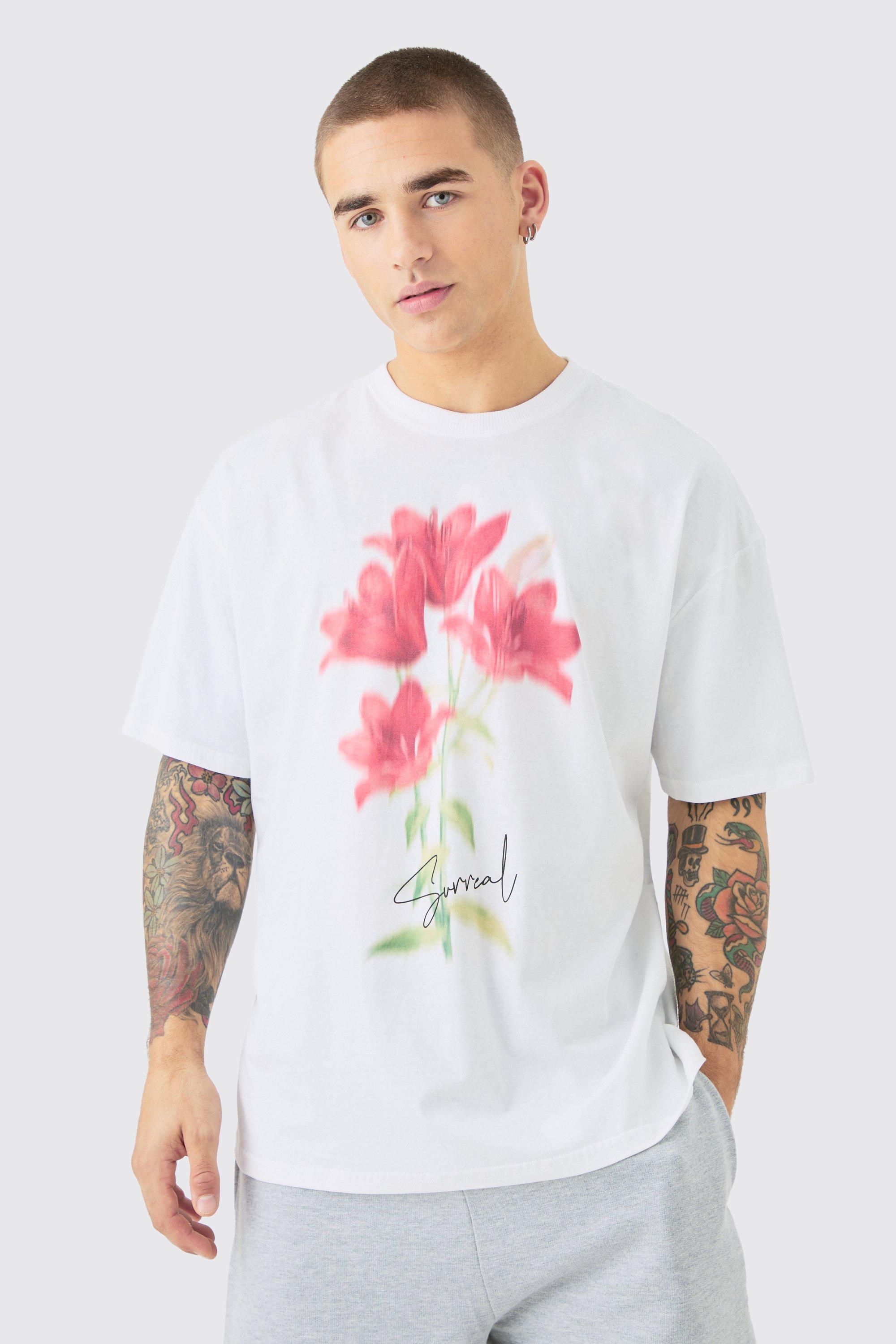 Mens White Oversized Blurred Floral Print T-shirt, White