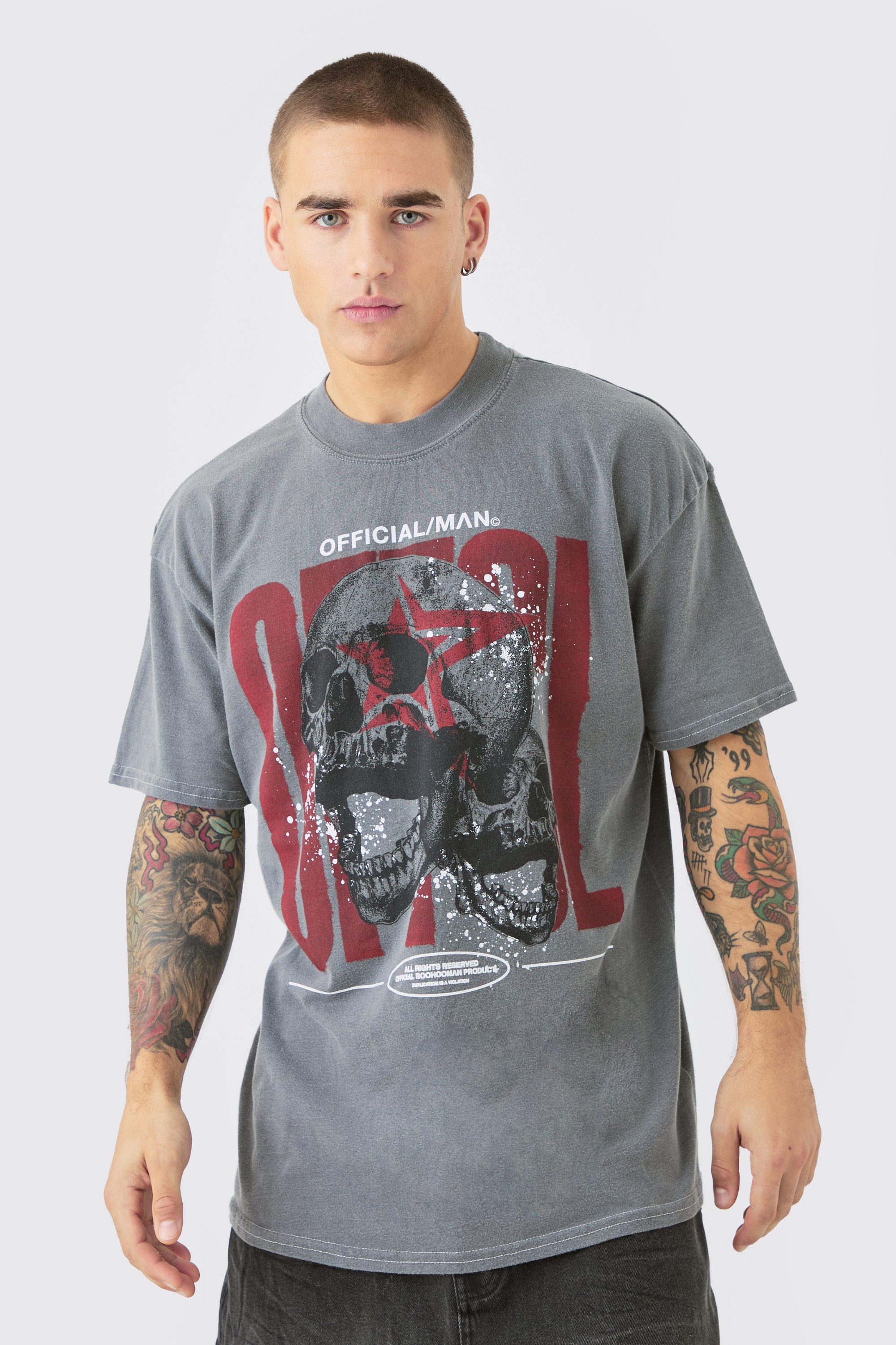 Mens Grey Oversized Extended Neck OFCL Skull Wash T-shirt, Grey