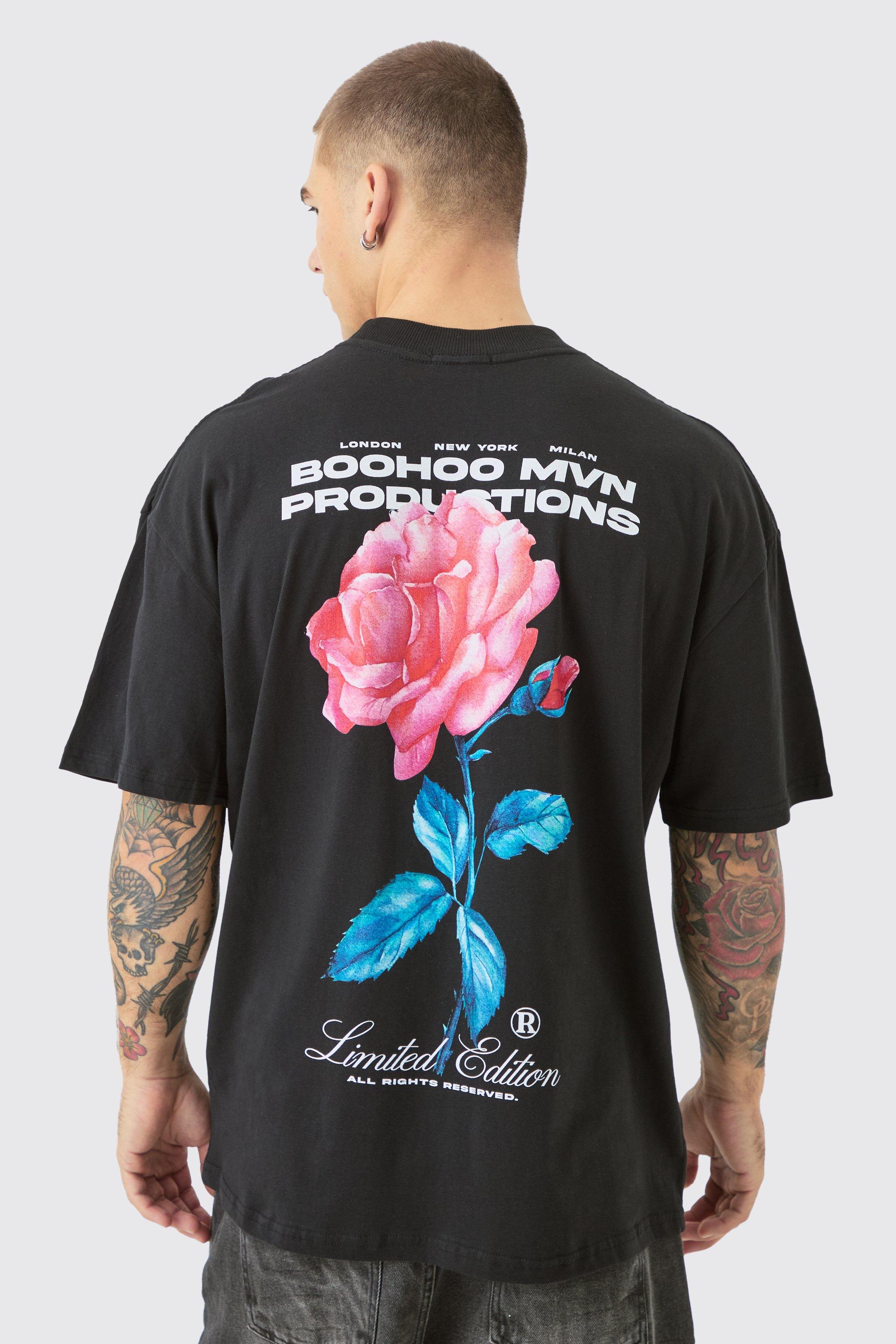 Image of Oversized Extended Neck Floral T-shirt, Nero