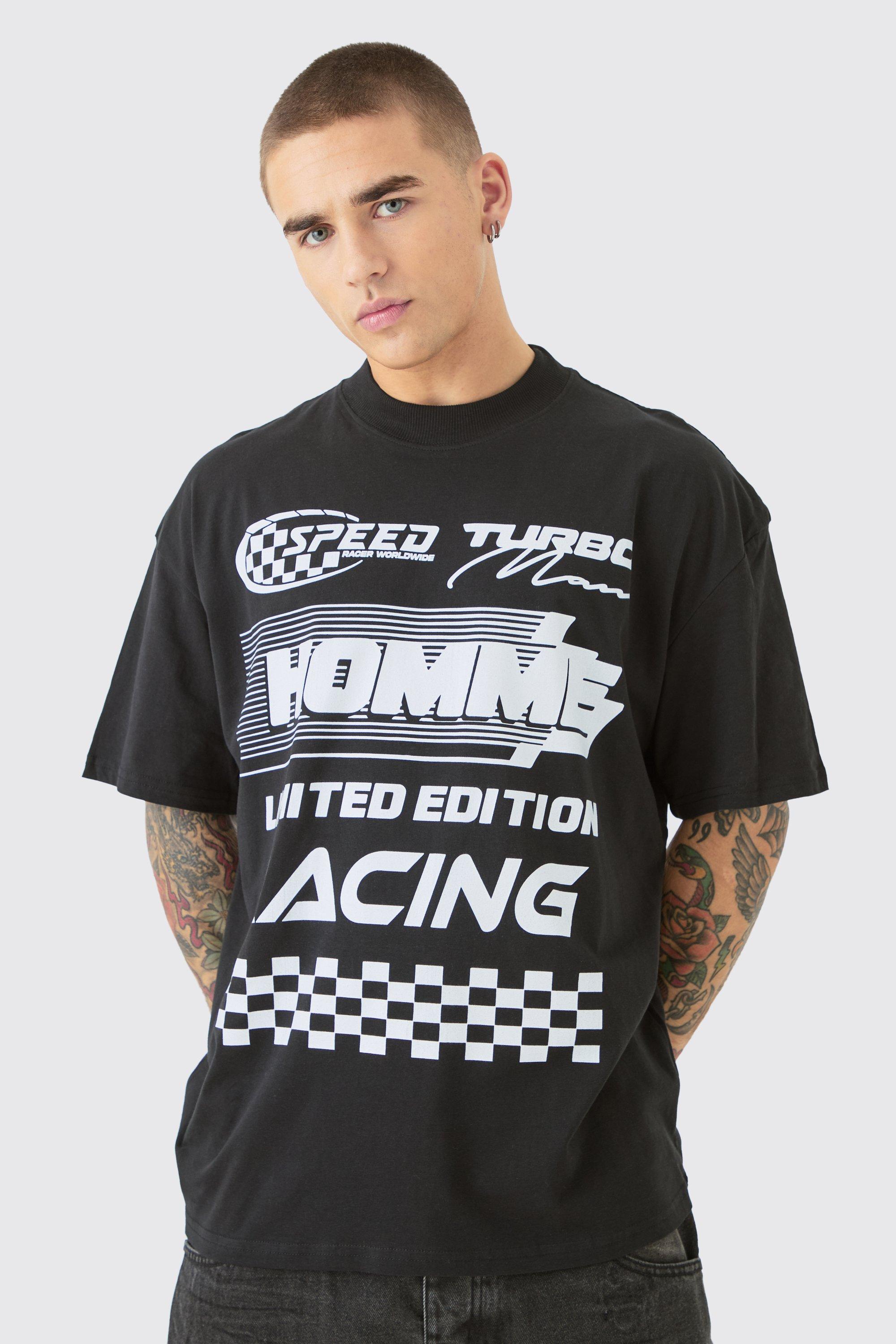 Image of Oversized Extended Neck Homme Moto T-shirt, Nero
