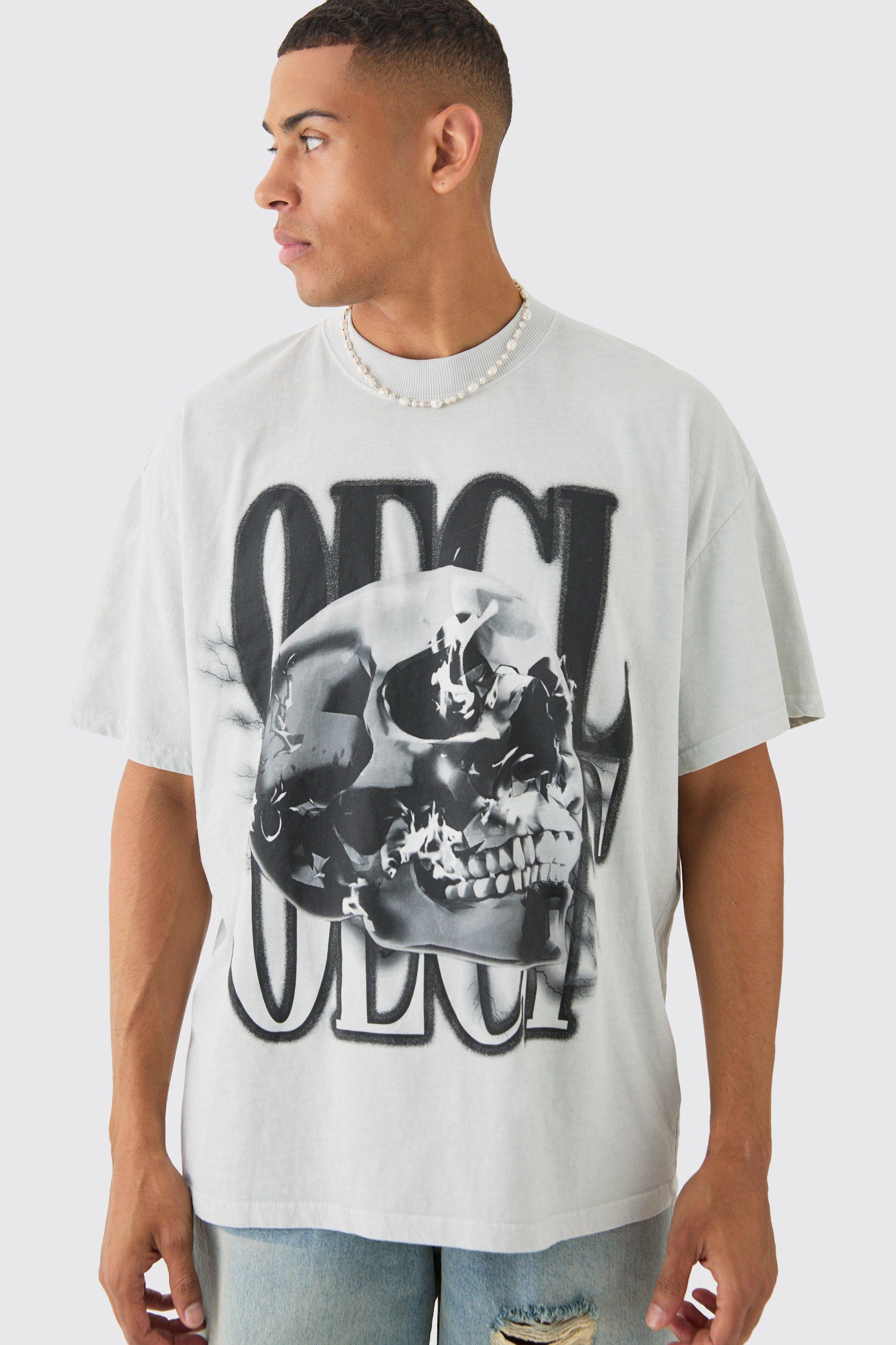 Mens Grey Oversized OFCL Skull Print Wash T-shirt, Grey