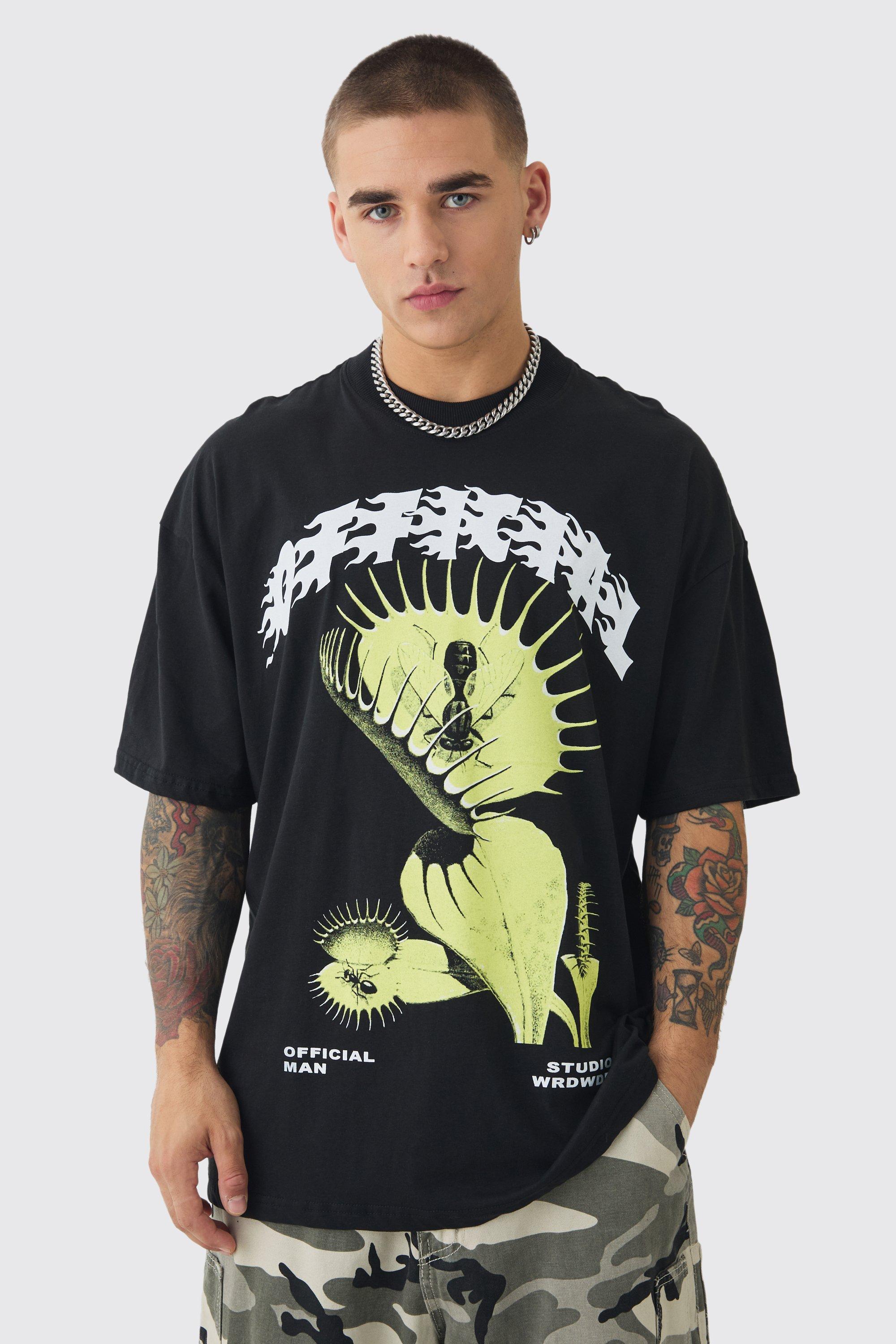 Mens Black Oversized Extended Neck Flytrap Graphic T-shirt, Black