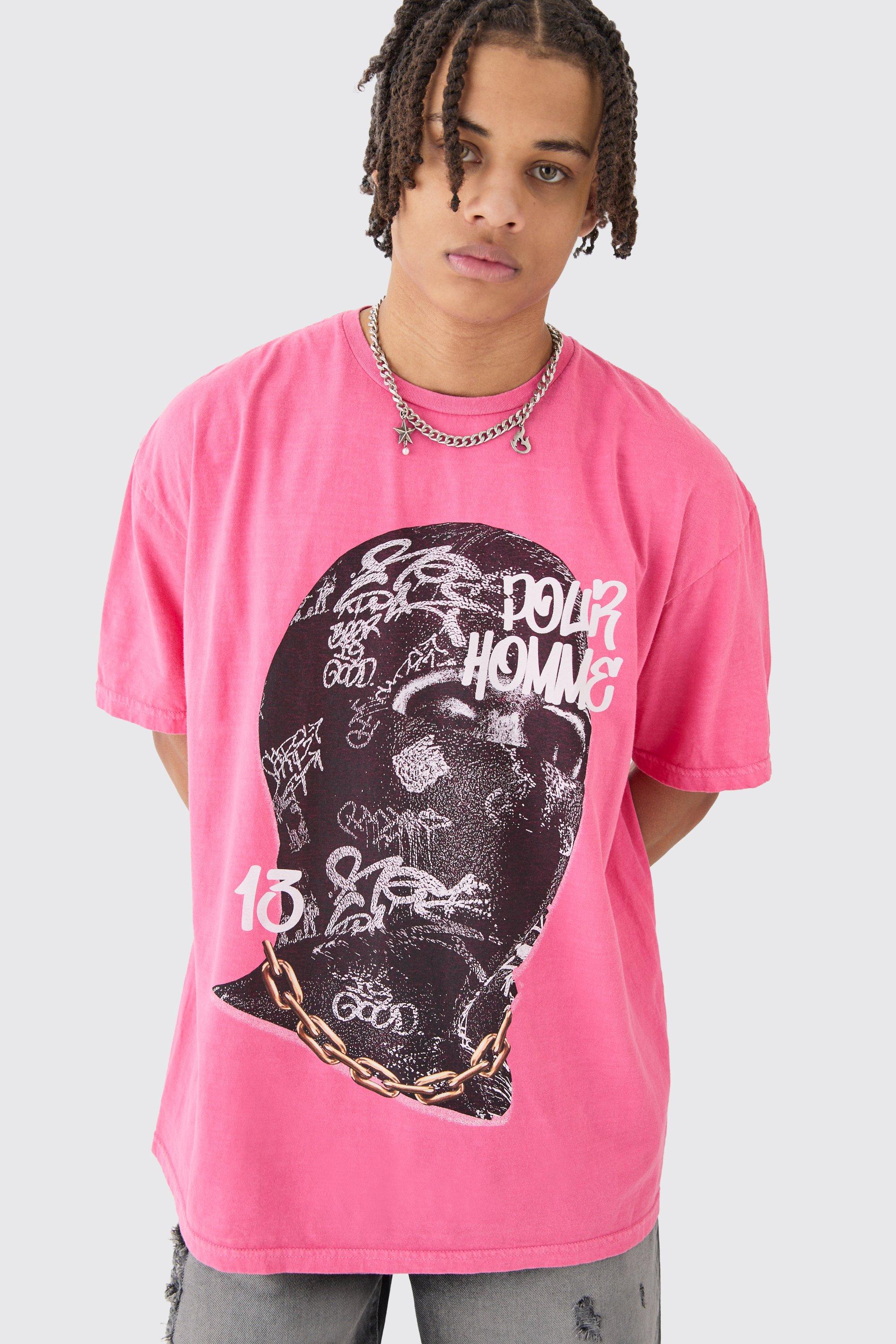 Image of Oversized Extended Neck Mask Graphic T-shirt, Pink