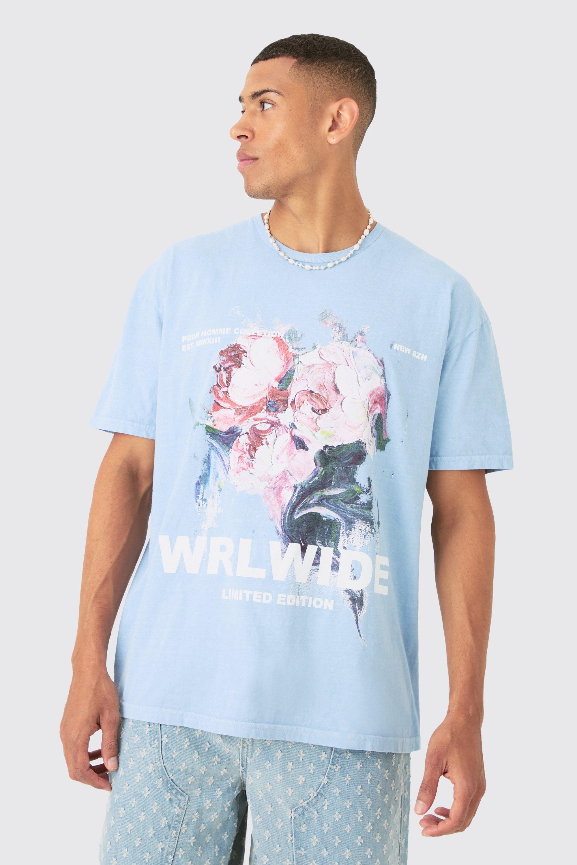 Image of Oversized Painted Floral Print T-shirt, Azzurro