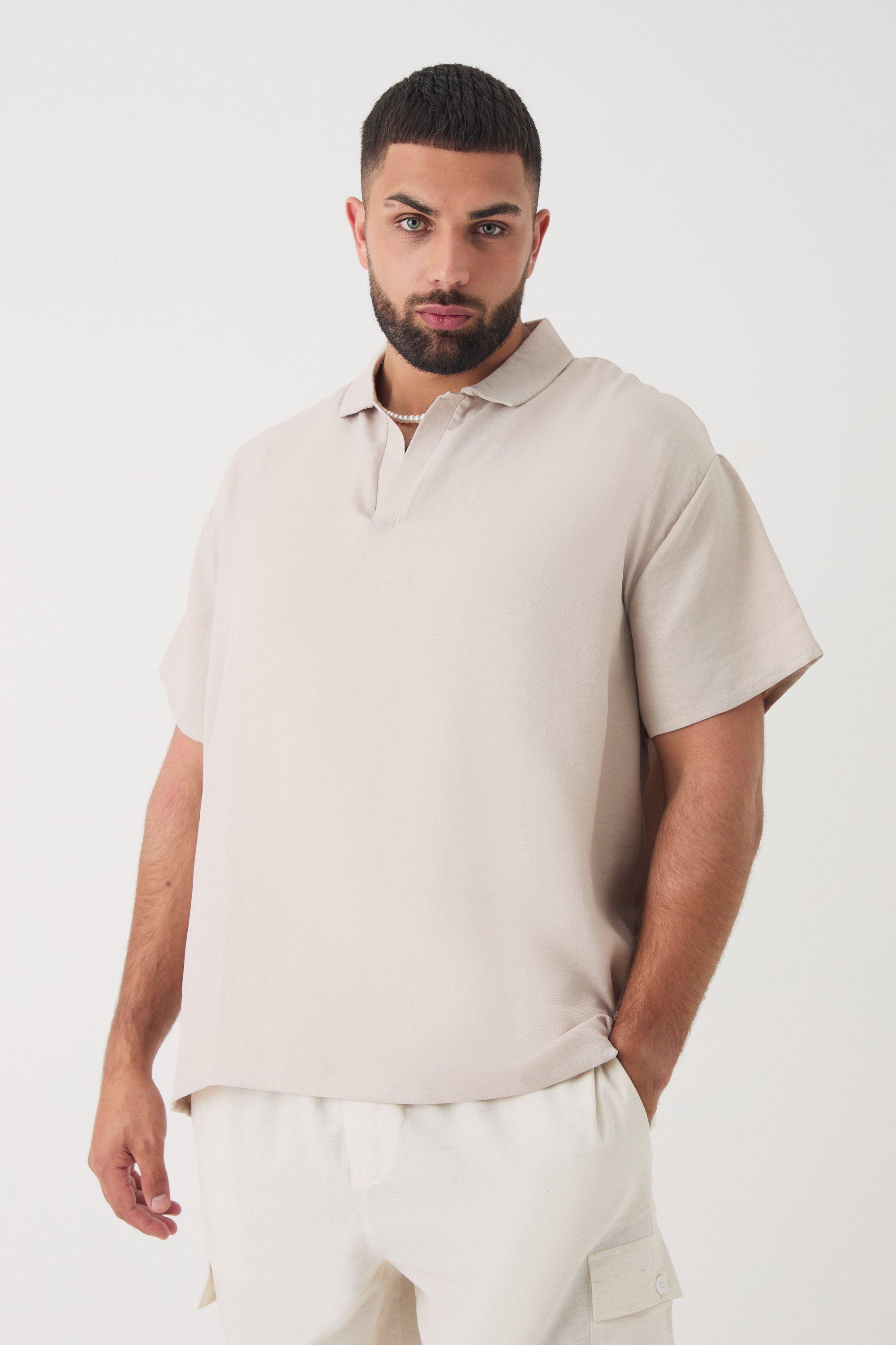 Mens Beige Plus Oversized Linen Revere Polo In Natural, Beige