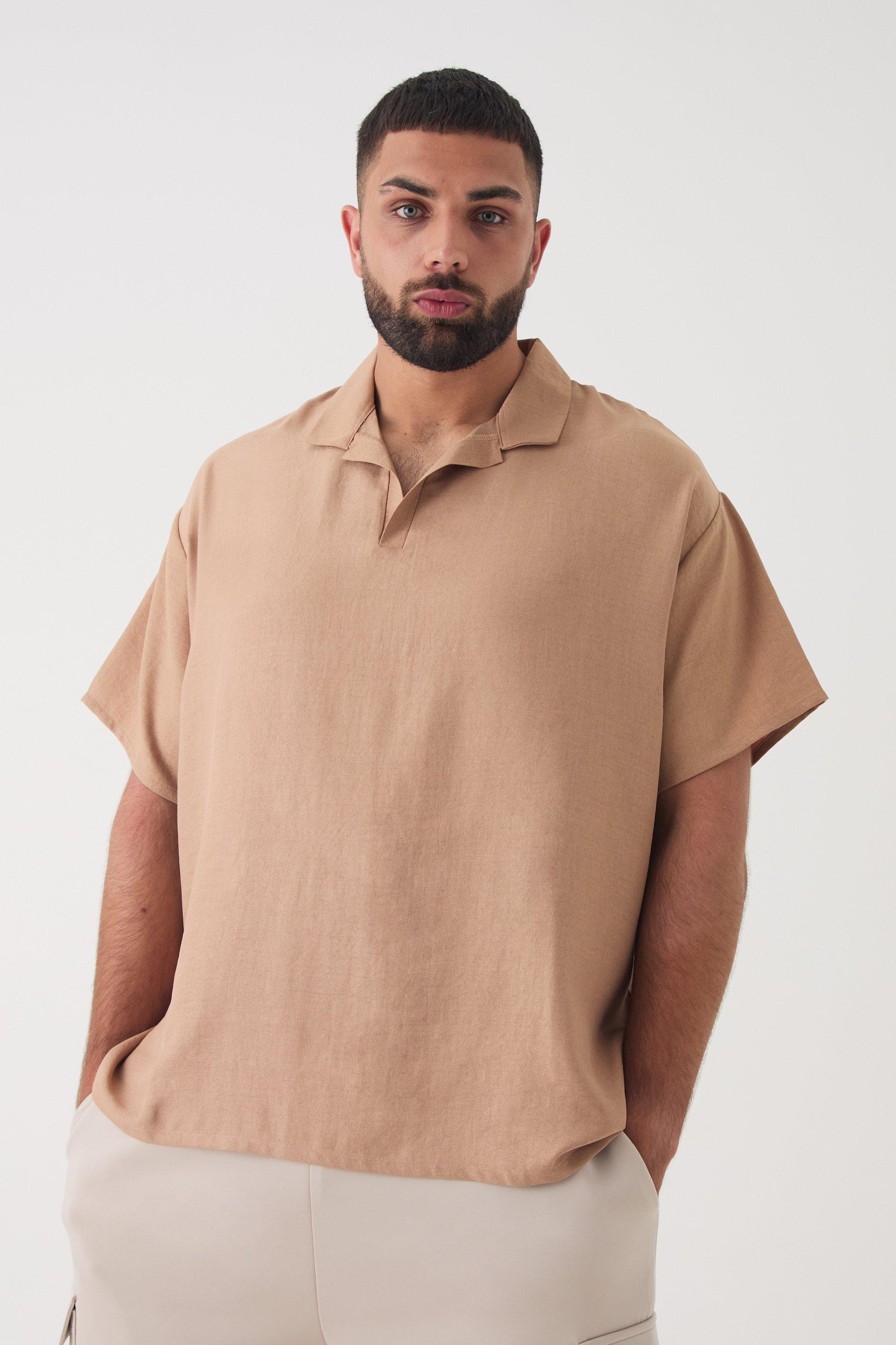 Mens Beige Plus Oversized Linen Revere Polo In Taupe, Beige