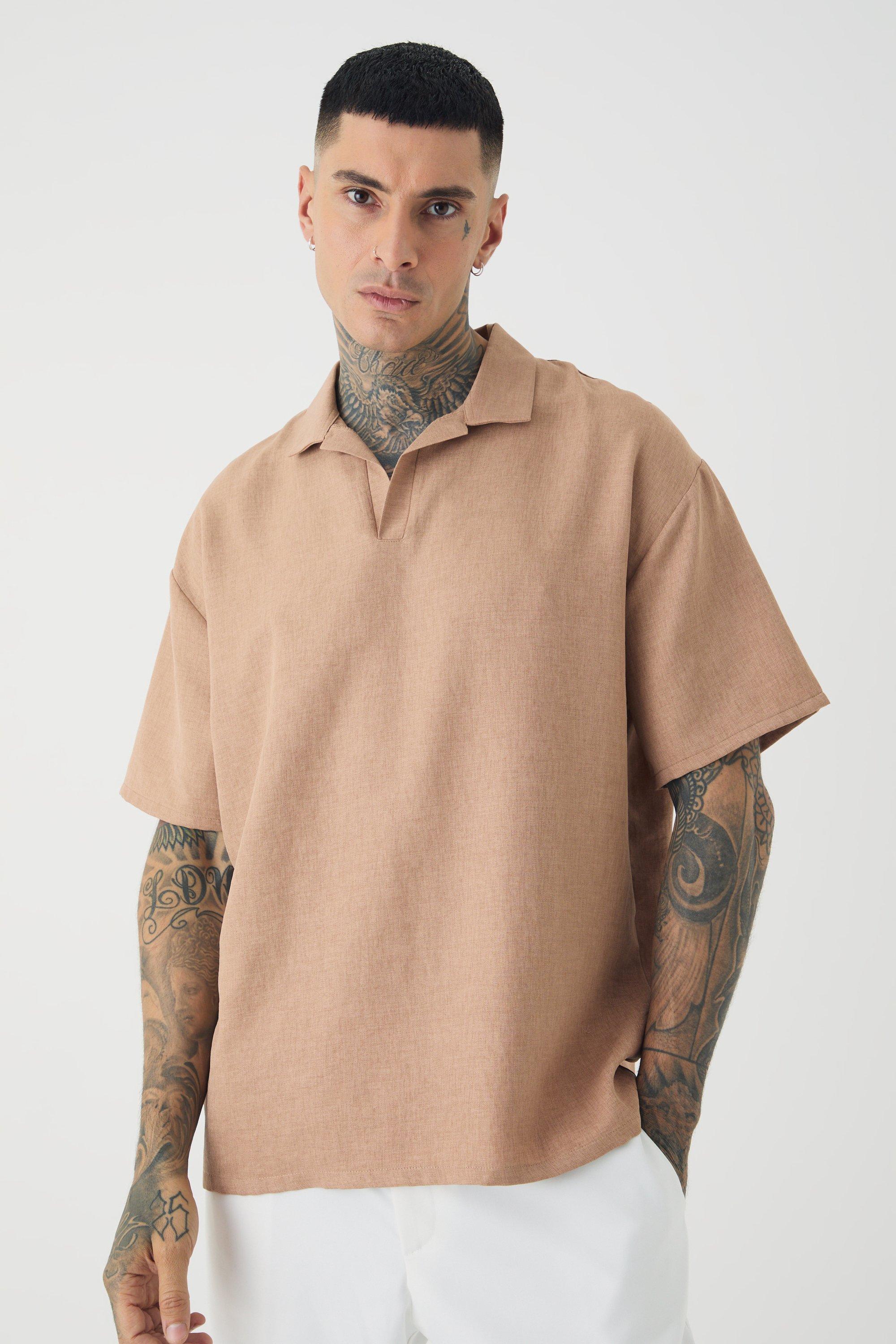 Mens Beige Tall Oversized Linen Revere Polo In Taupe, Beige