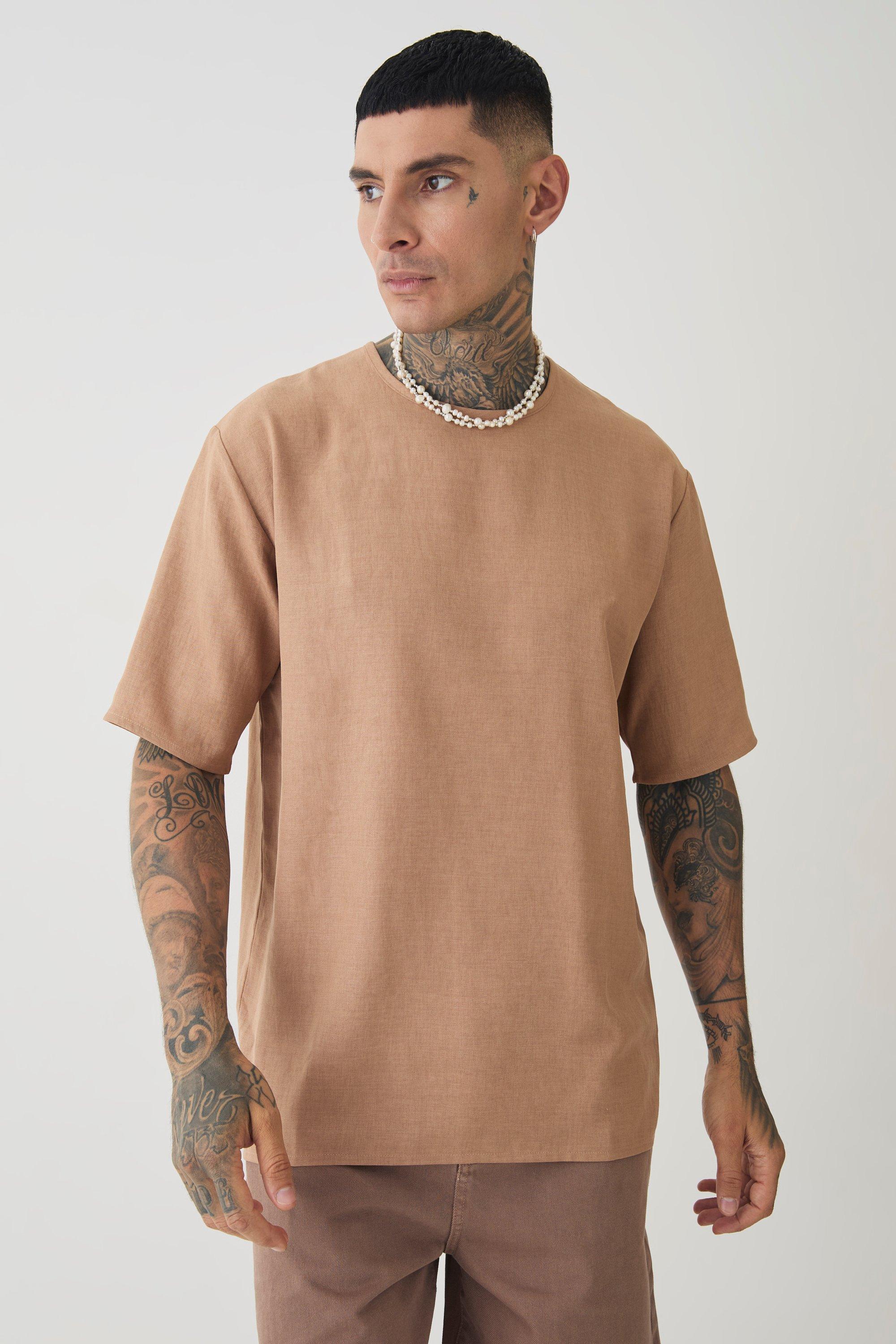 Mens Beige Tall Oversized Linen T-shirt, Beige