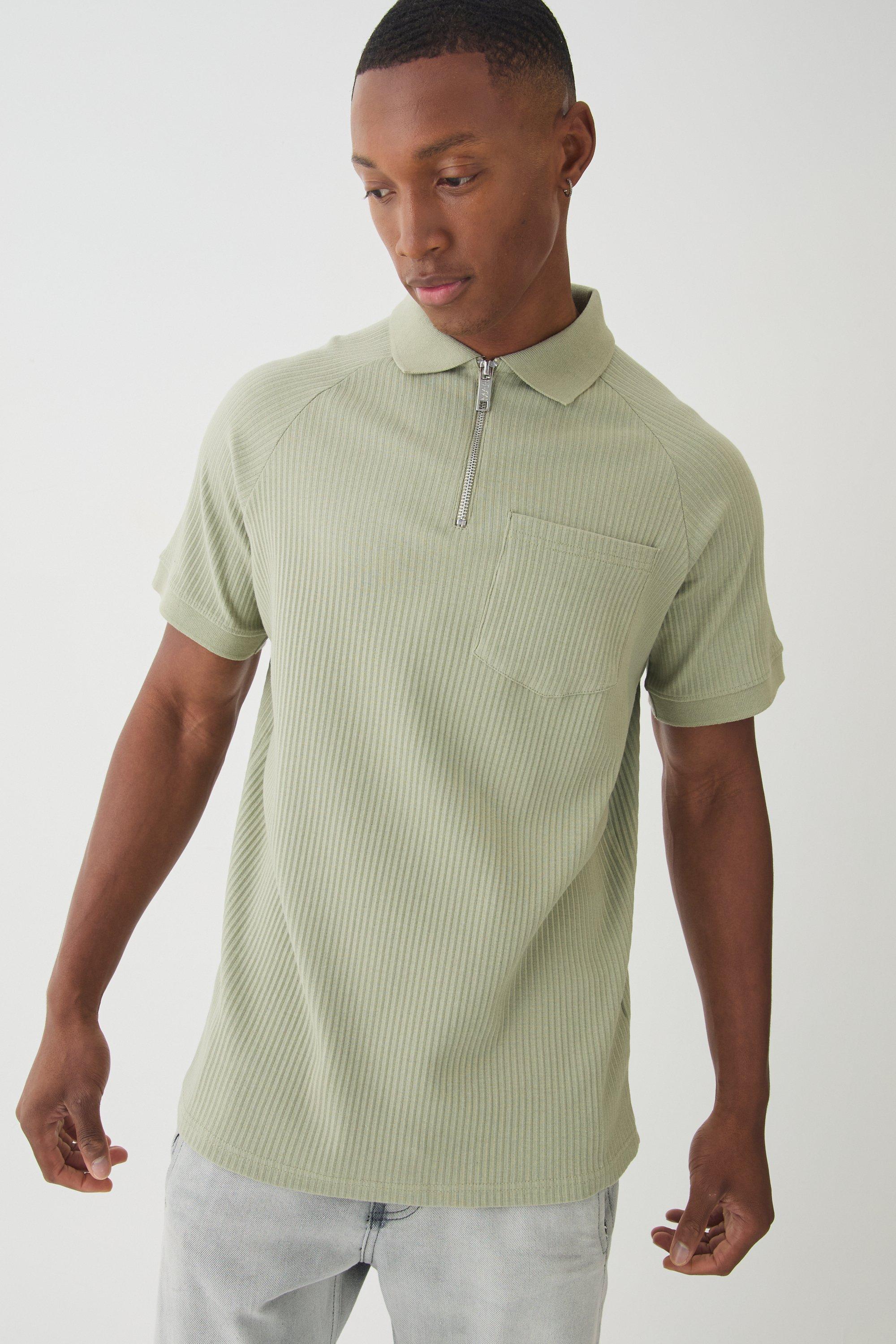 Mens Green 1/4 Zip Jersey Rib Pocket Polo, Green