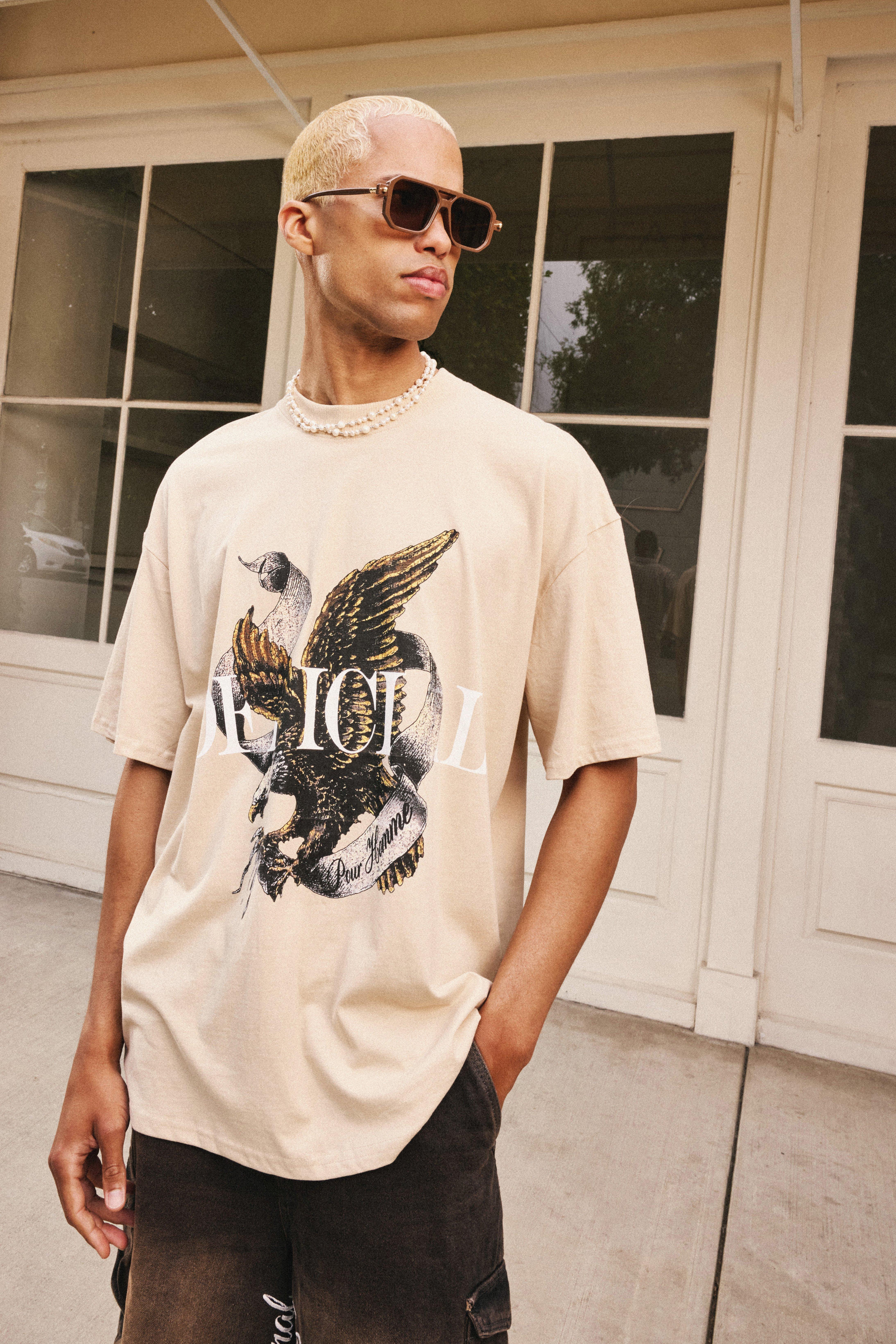 Mens Beige Oversized Extended Neck Heavyweight Official Bird Graphic T-shirt, Beige